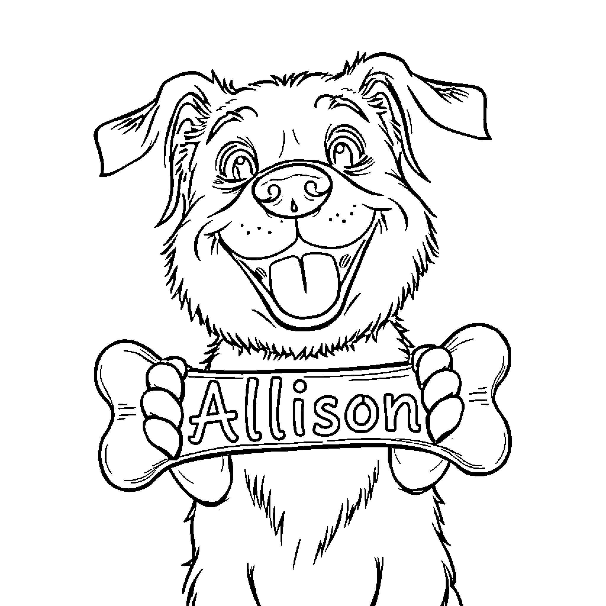 Dog holding a bone with name tag Coloring Page (free black-and-white line drawing printable PDF for all, from beginners to advanced learners, including children, teens, adults, and seniors)