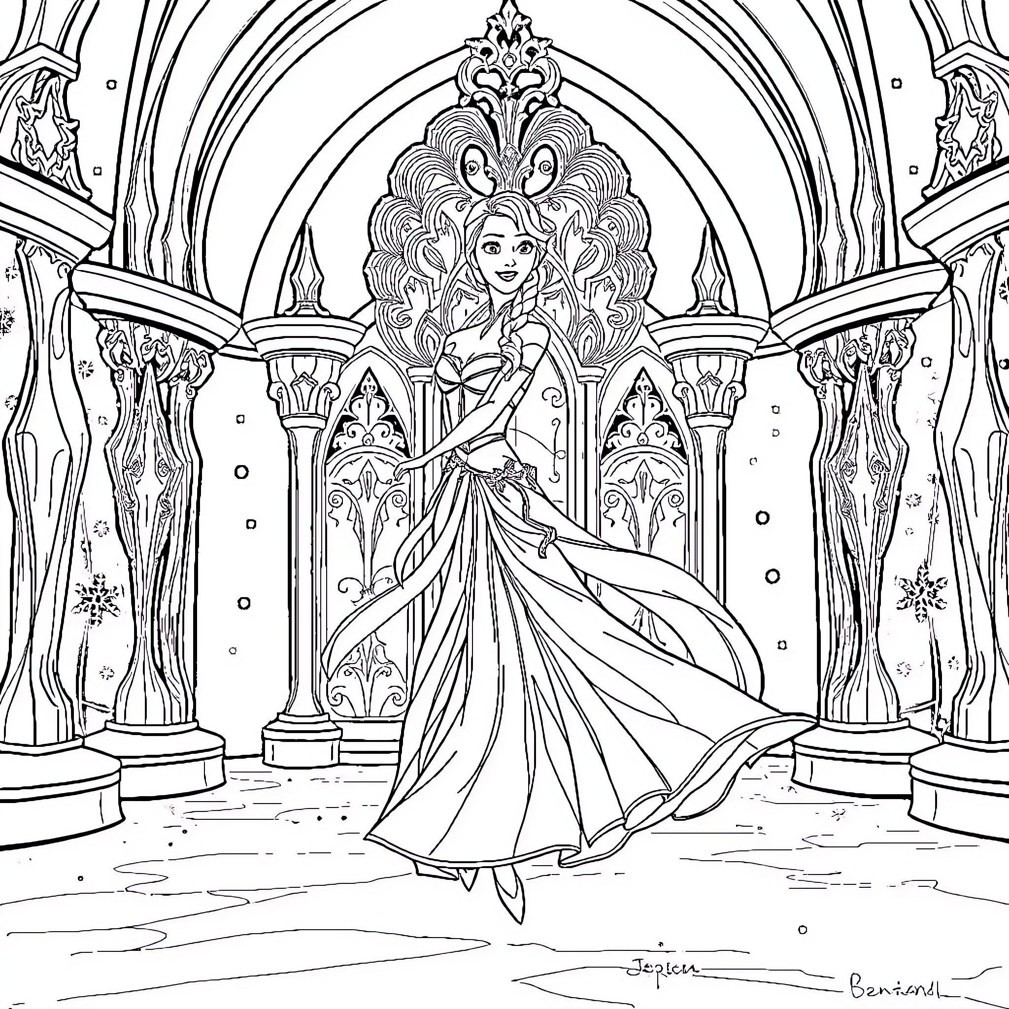 Elsa in a Majestic Castle Ballroom Coloring Page (free black-and-white line drawing printable PDF for all, from beginners to advanced learners, including children, teens, adults, and seniors)