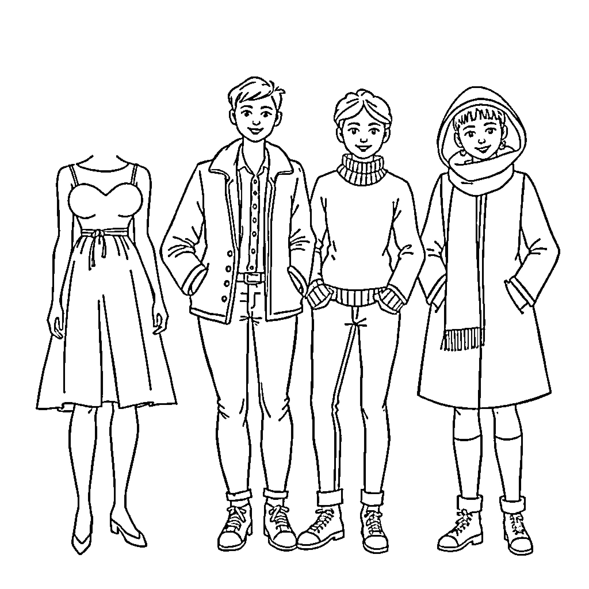 Person wearing various outfits in casual setting Coloring Page (free black-and-white line drawing printable PDF for all, from beginners to advanced learners, including children, teens, adults, and seniors)