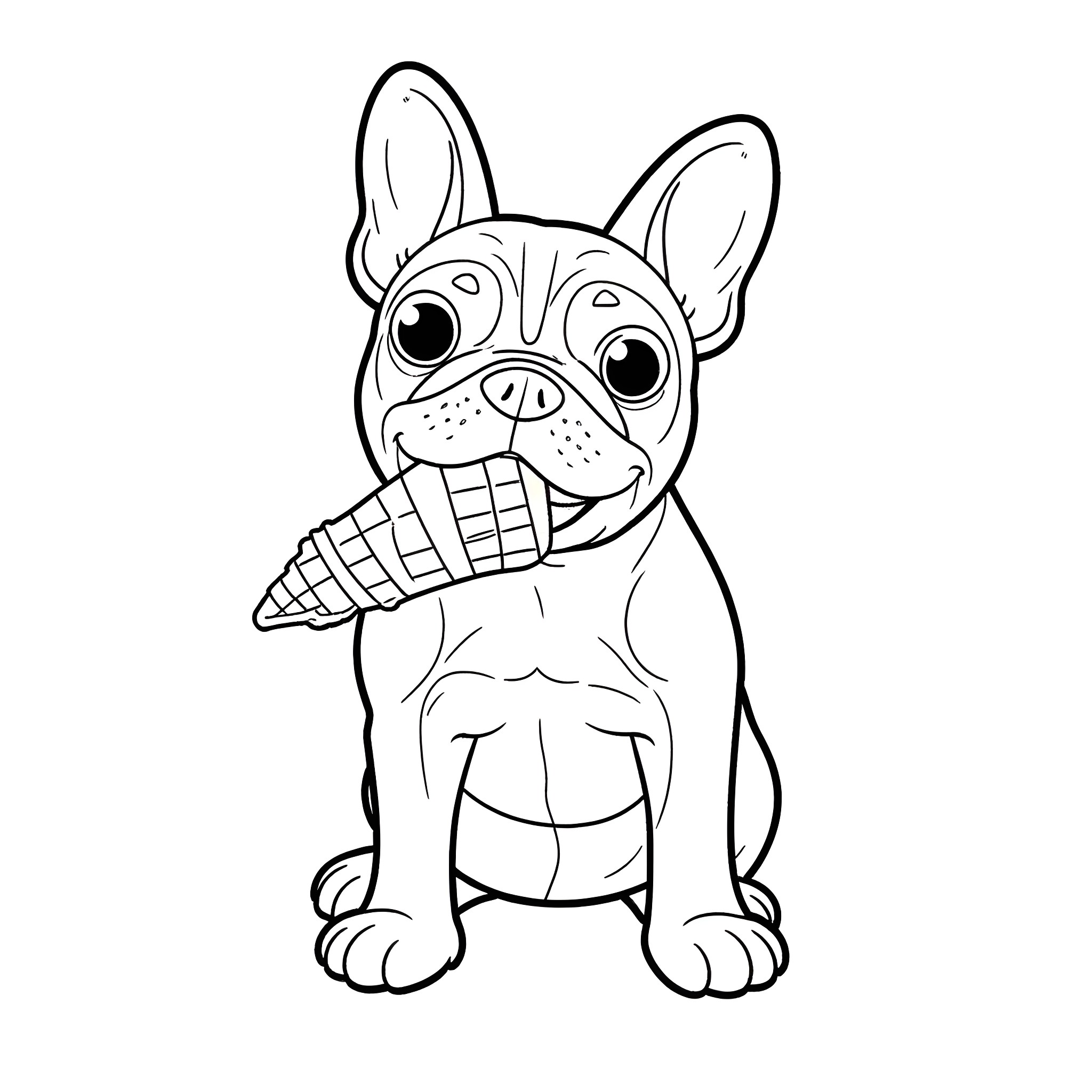 French Bulldog enjoying an ice cream cone Coloring Page (free black-and-white line drawing printable PDF for all, from beginners to advanced learners, including children, teens, adults, and seniors)