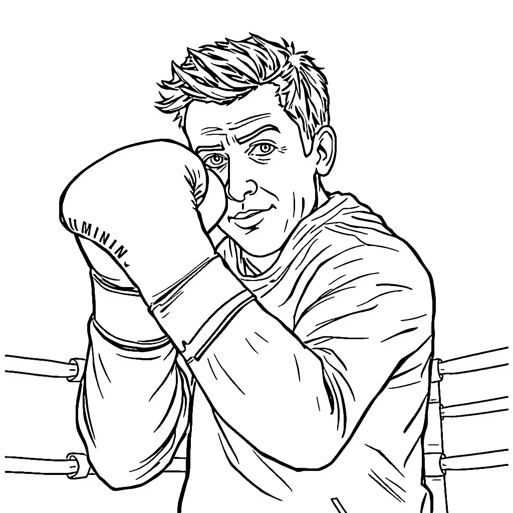 Macron depicted in thoughtful boxing pose Coloring Page (free black-and-white line drawing printable PDF for all, from beginners to advanced learners, including children, teens, adults, and seniors)