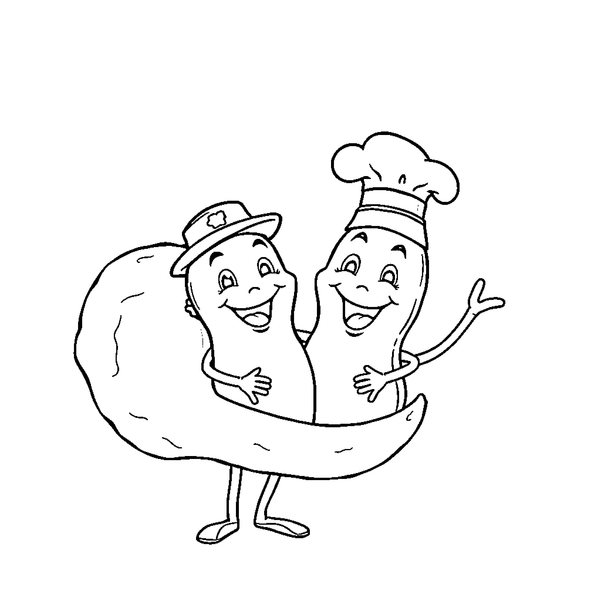 Peanut pals in chef and officer attire Coloring Page (free black-and-white line drawing printable PDF for all, from beginners to advanced learners, including children, teens, adults, and seniors)