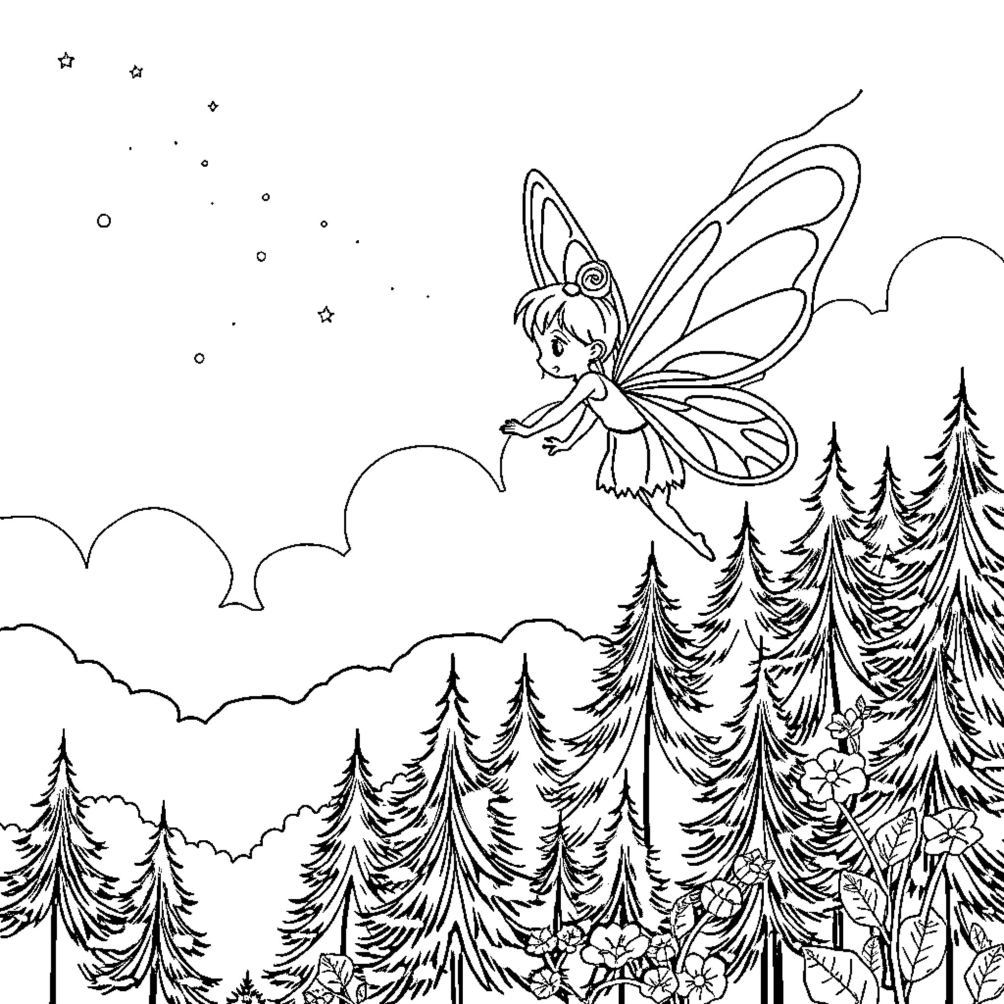 Fairy flying above the enchanted forest Coloring Page (free black-and-white line drawing printable PDF for all, from beginners to advanced learners, including children, teens, adults, and seniors)