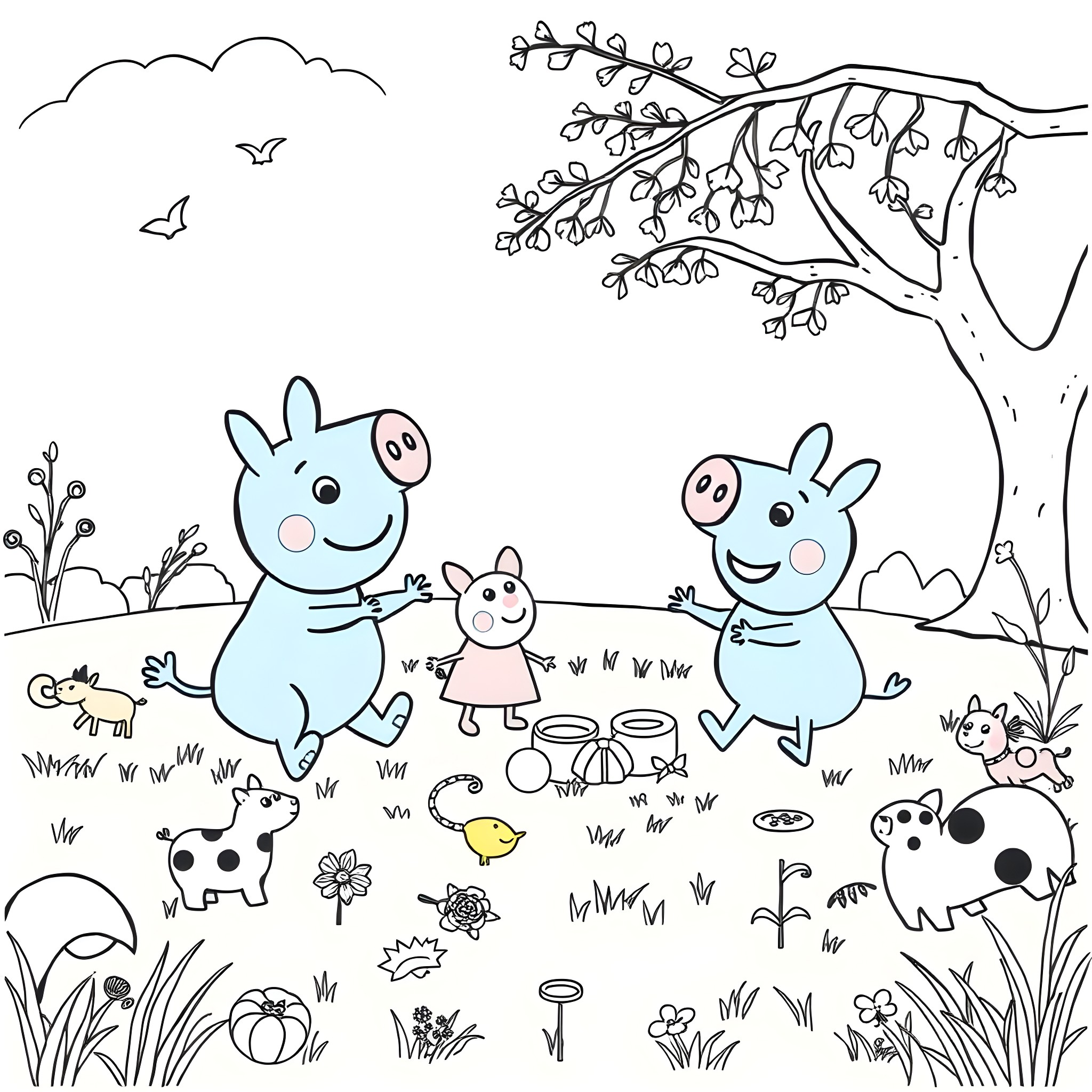 Bluey and friends playing happily in nature Coloring Page (free black-and-white line drawing printable PDF for all, from beginners to advanced learners, including children, teens, adults, and seniors)
