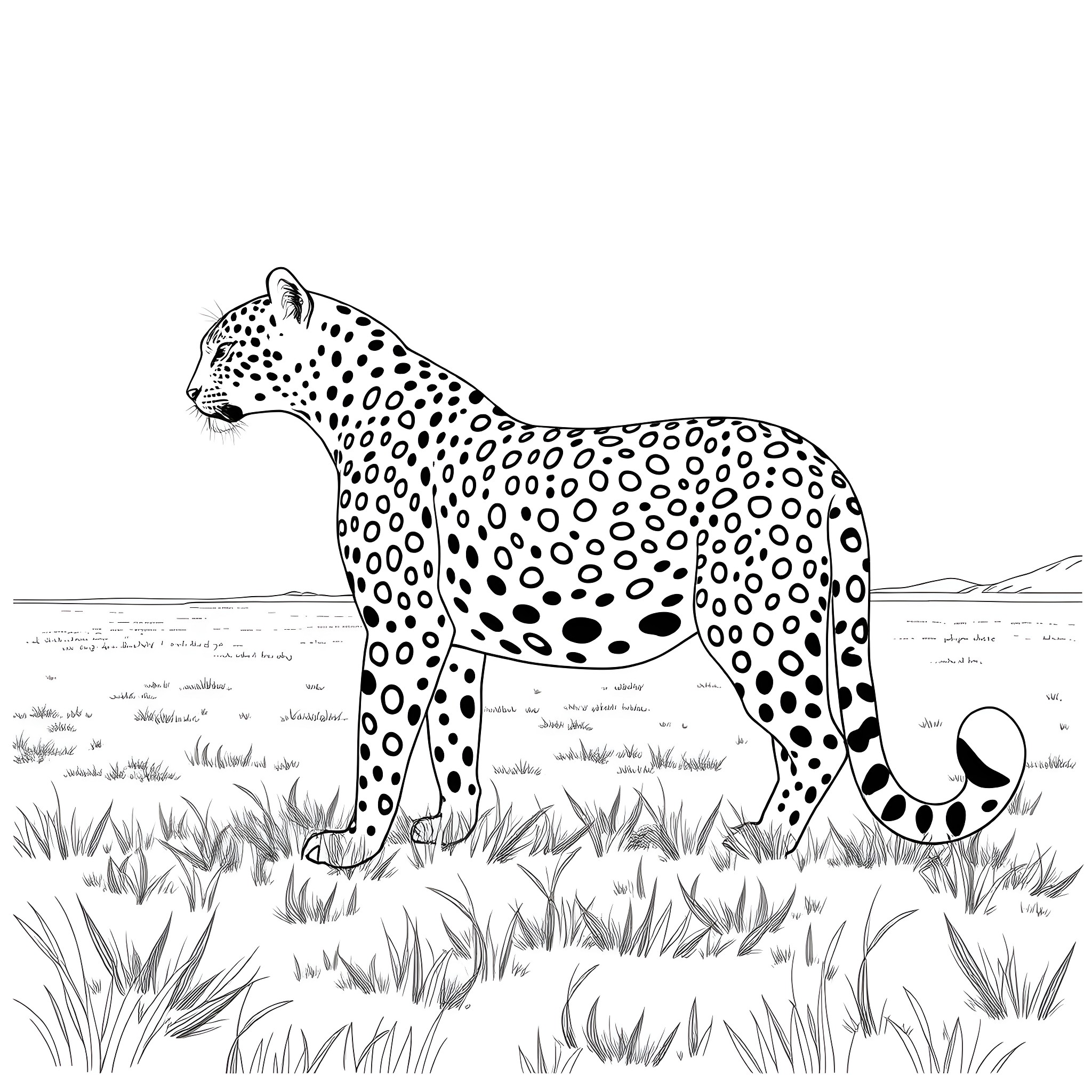Leopard in a grassy field Coloring Page (free black-and-white line drawing printable PDF for all, from beginners to advanced learners, including children, teens, adults, and seniors)