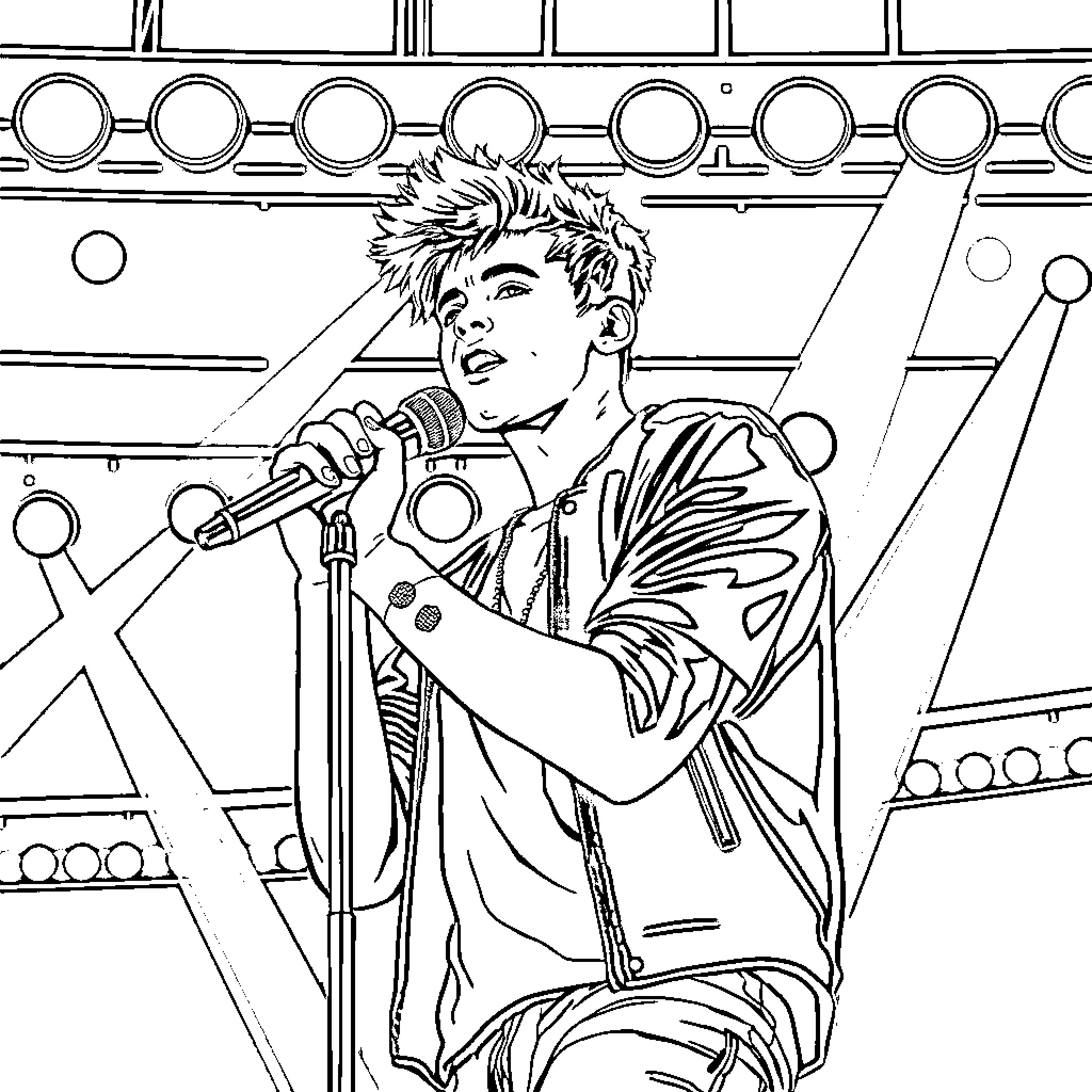 Justin Bieber Performing on Stage with Microphone Coloring Page (free black-and-white line drawing printable PDF for all, from beginners to advanced learners, including children, teens, adults, and seniors)