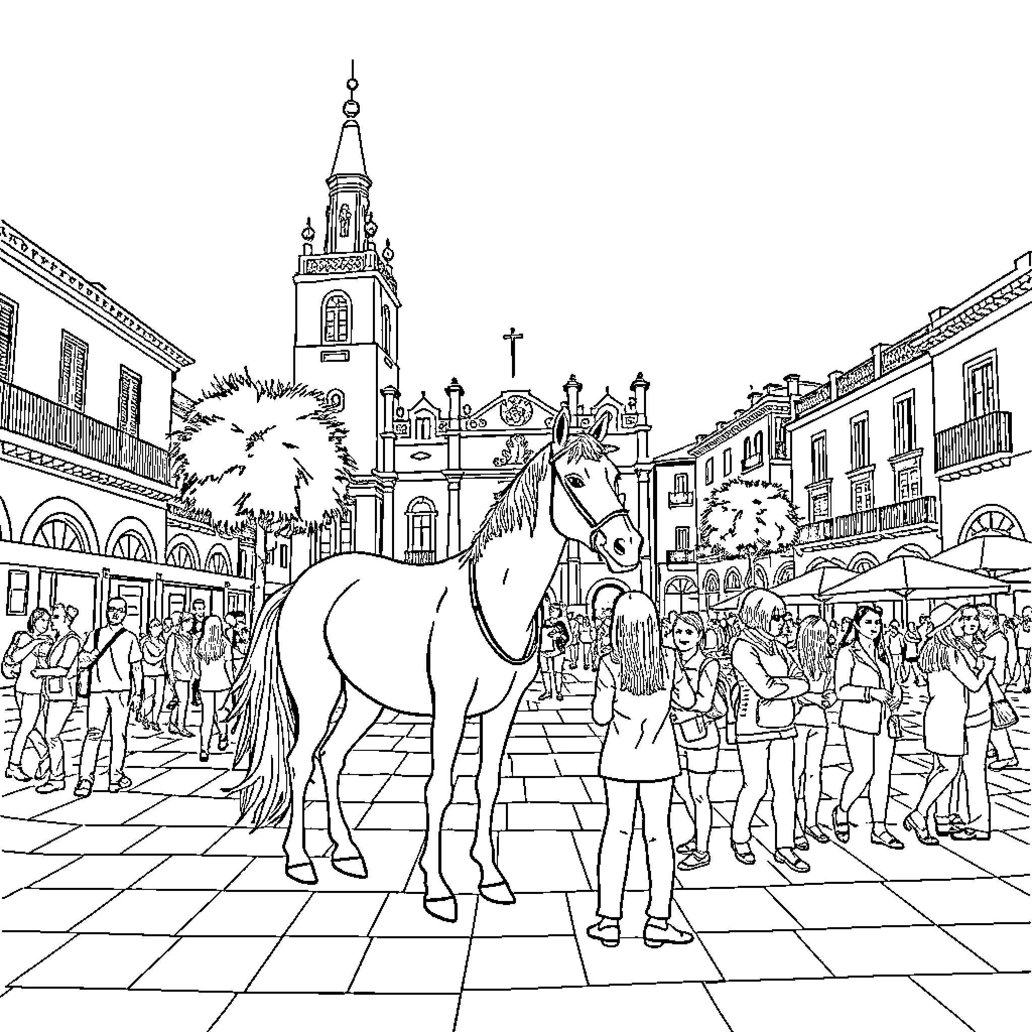Camel in a bustling city square Coloring Page (free black-and-white line drawing printable PDF for all, from beginners to advanced learners, including children, teens, adults, and seniors)