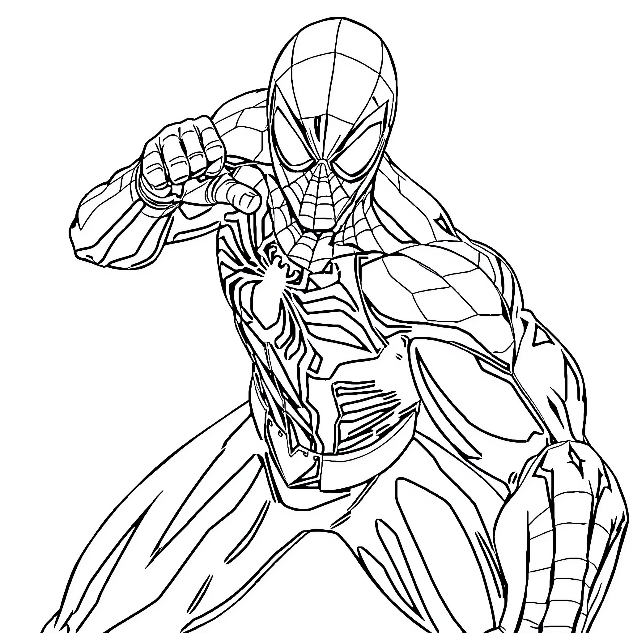 Spiderman in action-packed pose Coloring Page (free black-and-white line drawing printable PDF for all, from beginners to advanced learners, including children, teens, adults, and seniors)
