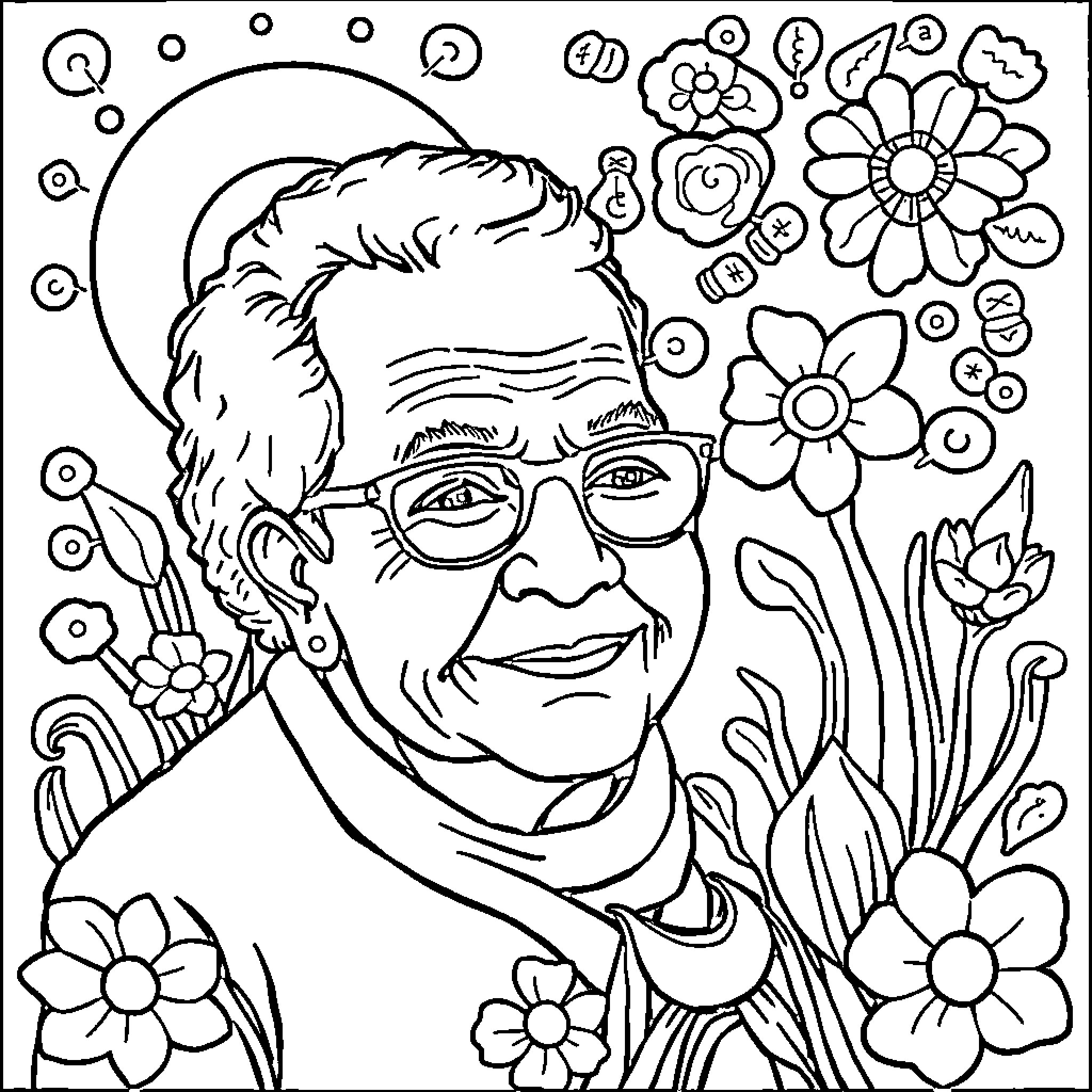 Dementia - Elderly Person Surrounded by Flowers Coloring Page (free black-and-white line drawing printable PDF for all, from beginners to advanced learners, including children, teens, adults, and seniors)