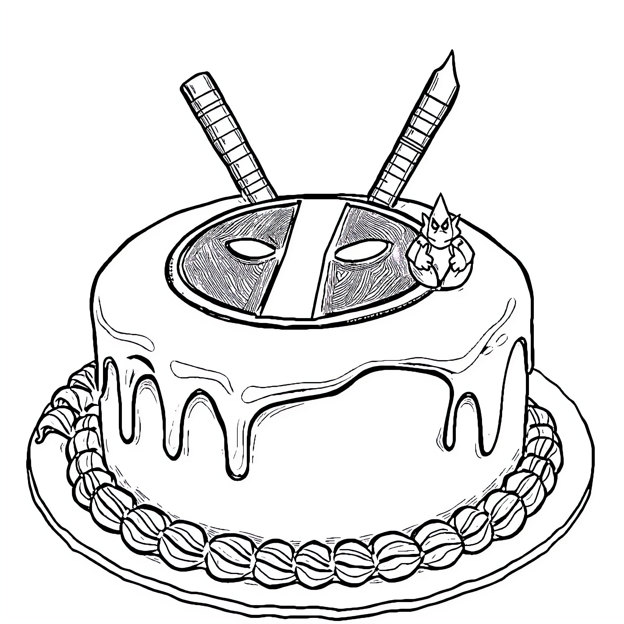 Deadpool's Chaotic Birthday Cake Coloring Page (free black-and-white line drawing printable PDF for all, from beginners to advanced learners, including children, teens, adults, and seniors)