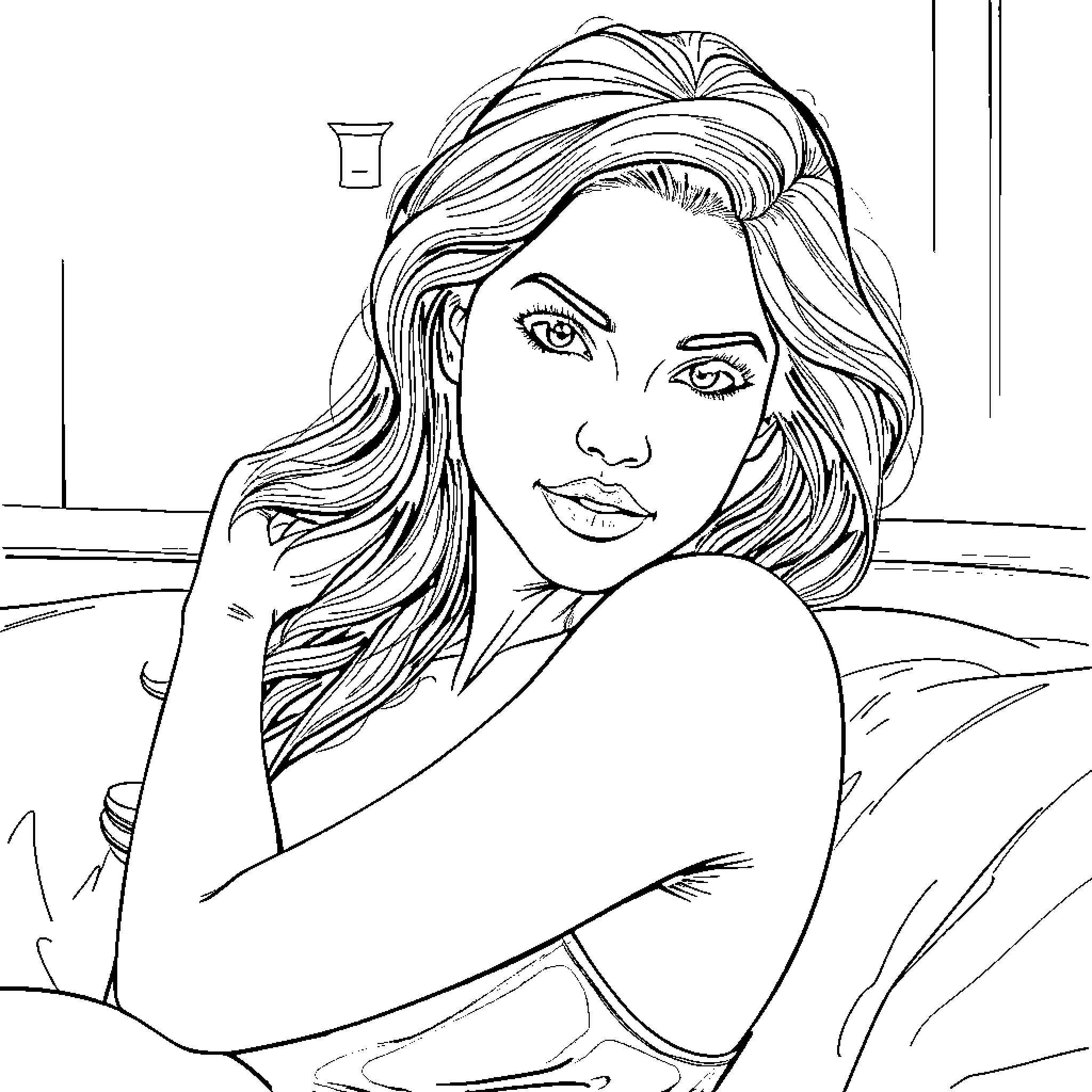 Woman in thoughtful pose with flowing hair Coloring Page (free black-and-white line drawing printable PDF for all, from beginners to advanced learners, including children, teens, adults, and seniors)
