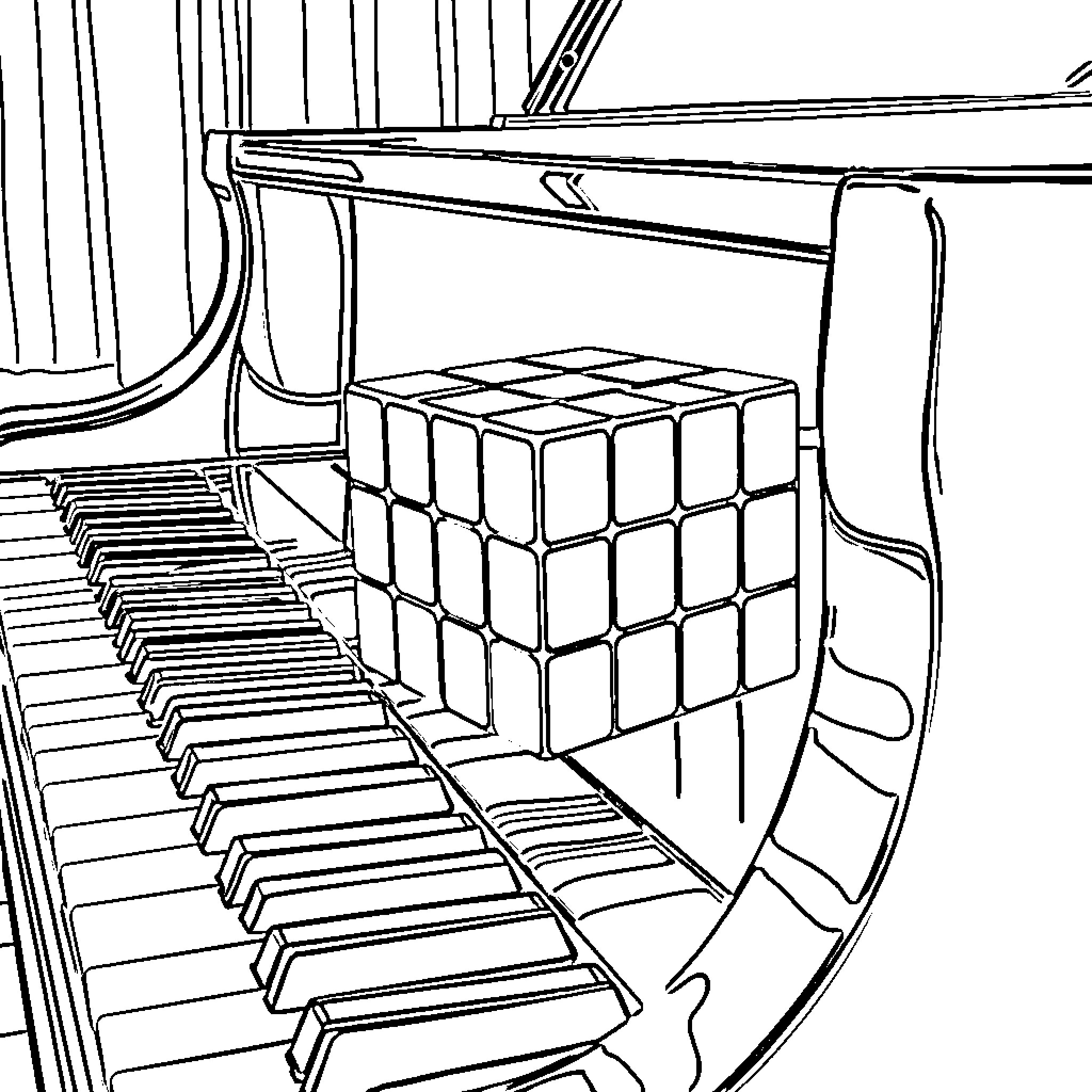 Rubik's Cube on Piano Keys Coloring Page (free black-and-white line drawing printable PDF for all, from beginners to advanced learners, including children, teens, adults, and seniors)
