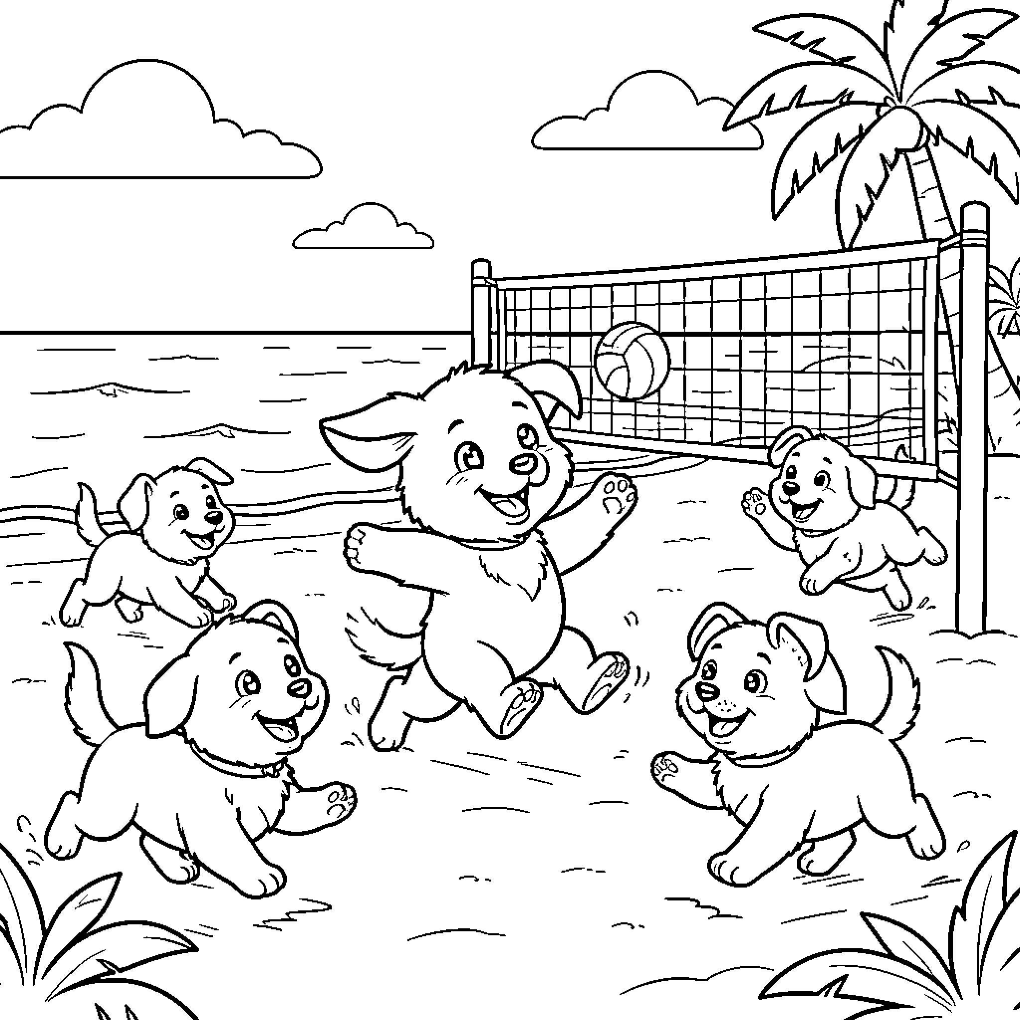Perro playing in the beach with puppies Coloring Page (free black-and-white line drawing printable PDF for all, from beginners to advanced learners, including children, teens, adults, and seniors)