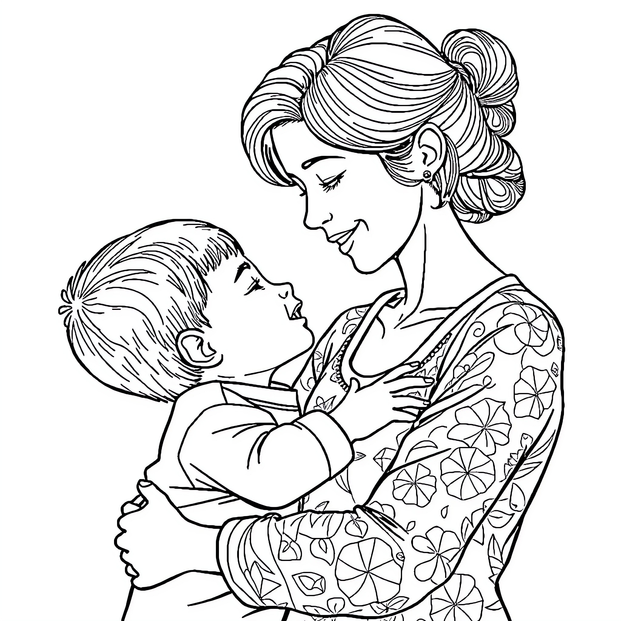 Mom lovingly embracing her child Coloring Page (free black-and-white line drawing printable PDF for all, from beginners to advanced learners, including children, teens, adults, and seniors)