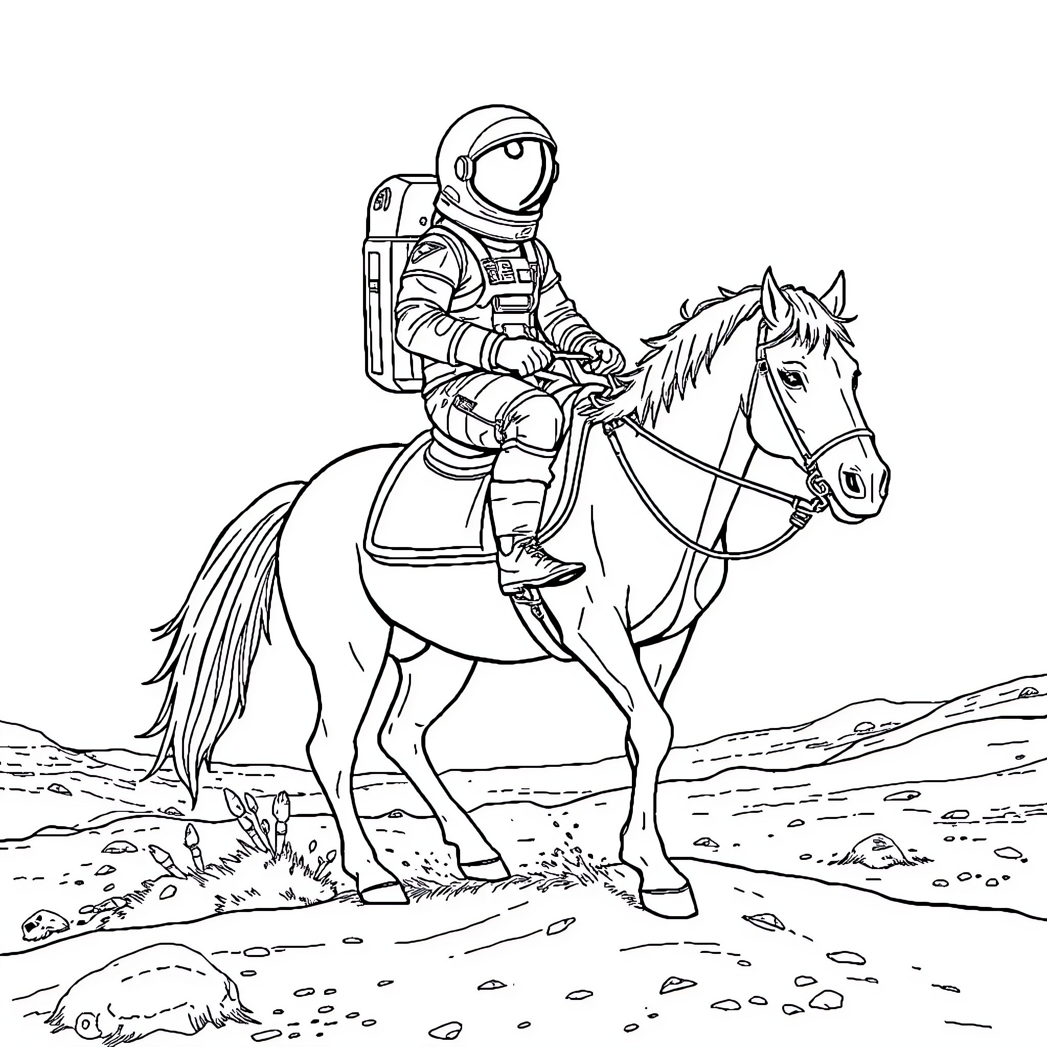 Astronaut riding a horse on the lunar surface Coloring Page (free black-and-white line drawing printable PDF for all, from beginners to advanced learners, including children, teens, adults, and seniors)