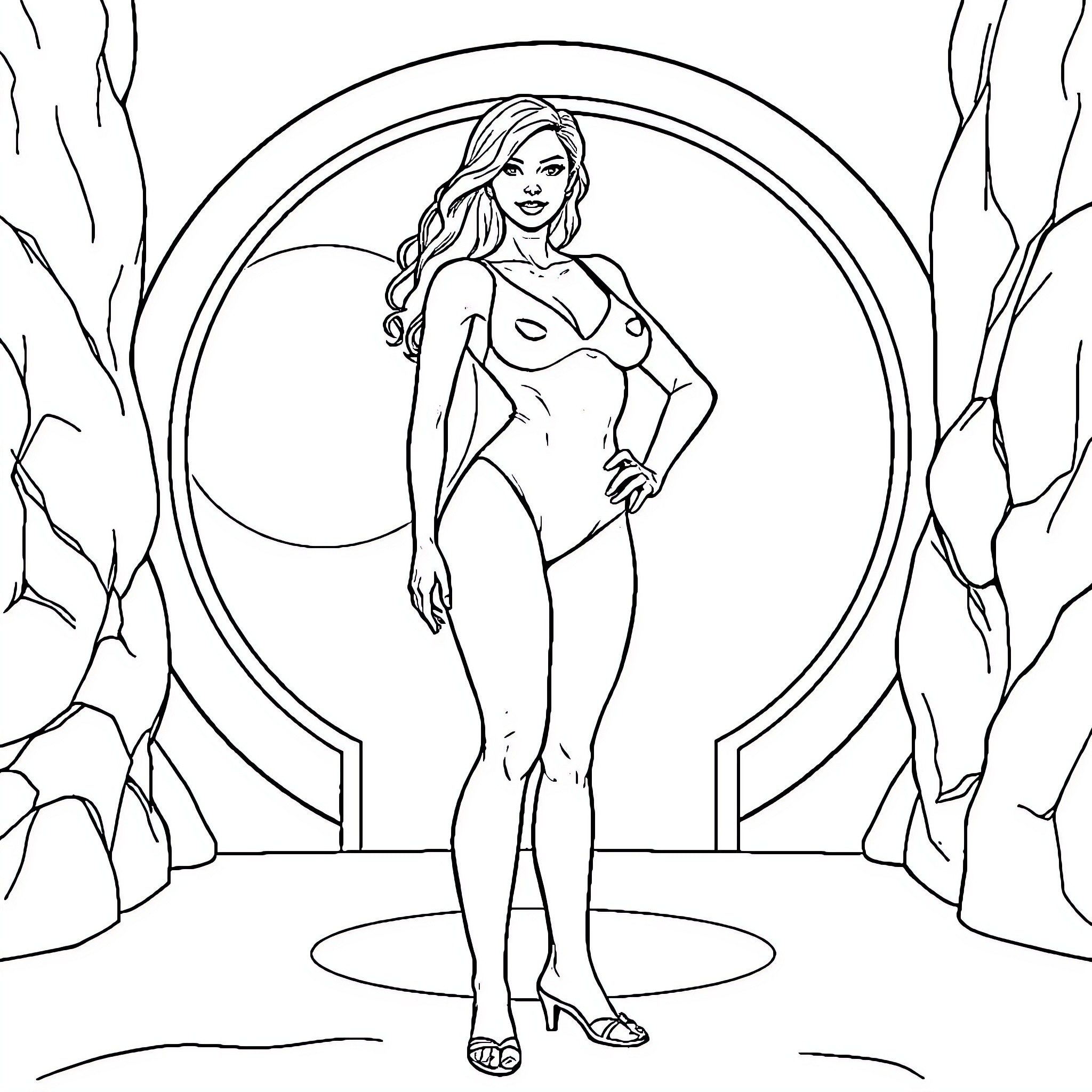 Pamela Anderson in a Serene Natural Setting Coloring Page (free black-and-white line drawing printable PDF for all, from beginners to advanced learners, including children, teens, adults, and seniors)
