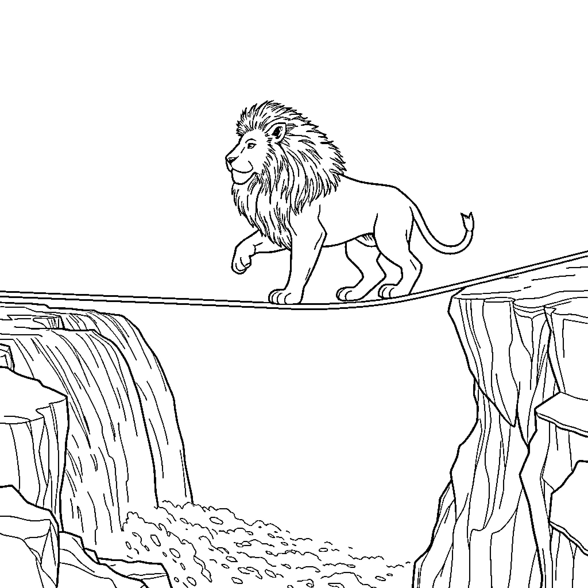 Lion walking across a precarious bridge Coloring Page (free black-and-white line drawing printable PDF for all, from beginners to advanced learners, including children, teens, adults, and seniors)