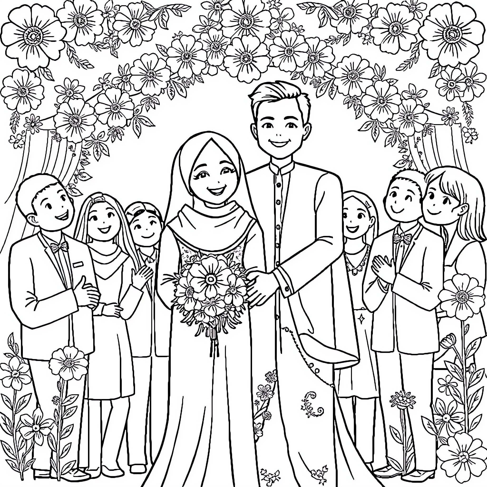 Wedding Celebration with Joyful Family and Floral Backdrop Coloring Page (free black-and-white line drawing printable PDF for all, from beginners to advanced learners, including children, teens, adults, and seniors)