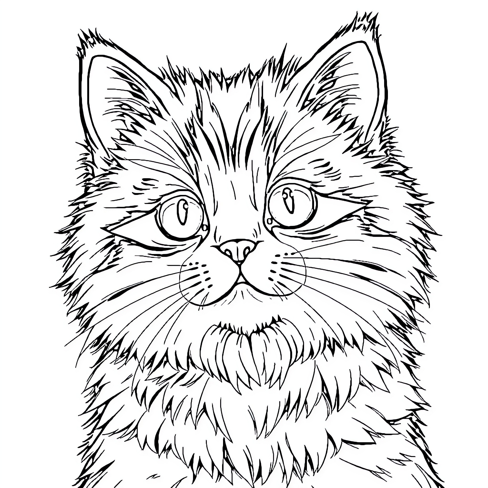 Cat with Fierce Expression Coloring Page (free black-and-white line drawing printable PDF for all, from beginners to advanced learners, including children, teens, adults, and seniors)