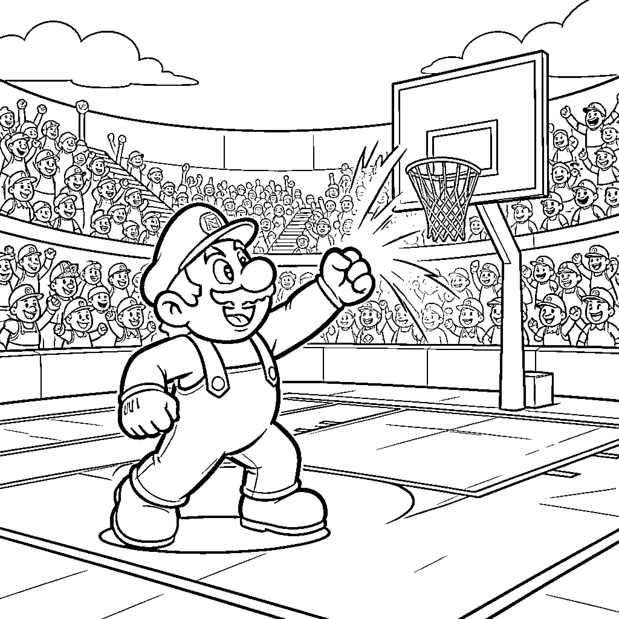 Mario Bros Basketball Court Celebration Coloring Page (free black-and-white line drawing printable PDF for all, from beginners to advanced learners, including children, teens, adults, and seniors)