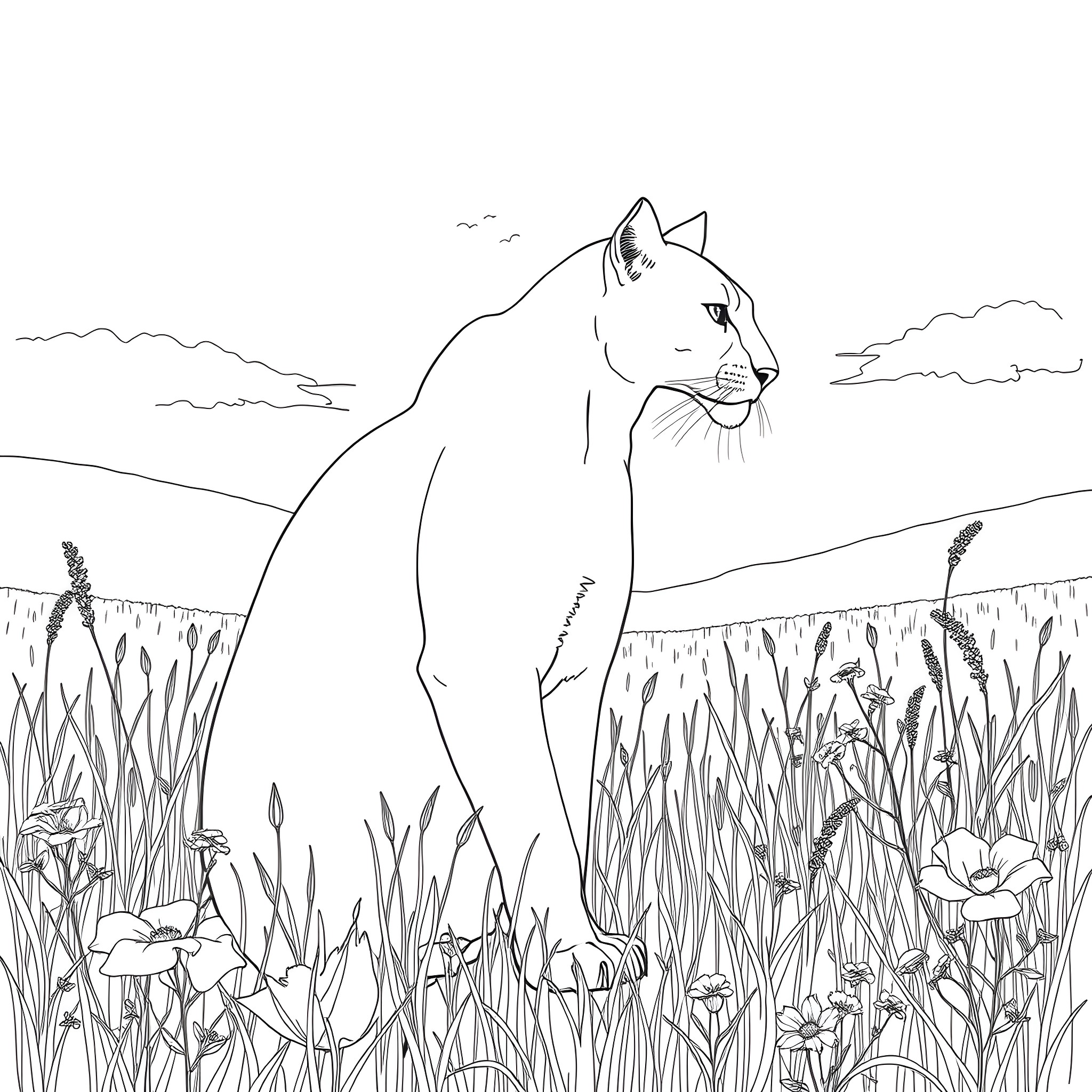 Cougar prowling through the meadow Coloring Page (free black-and-white line drawing printable PDF for all, from beginners to advanced learners, including children, teens, adults, and seniors)