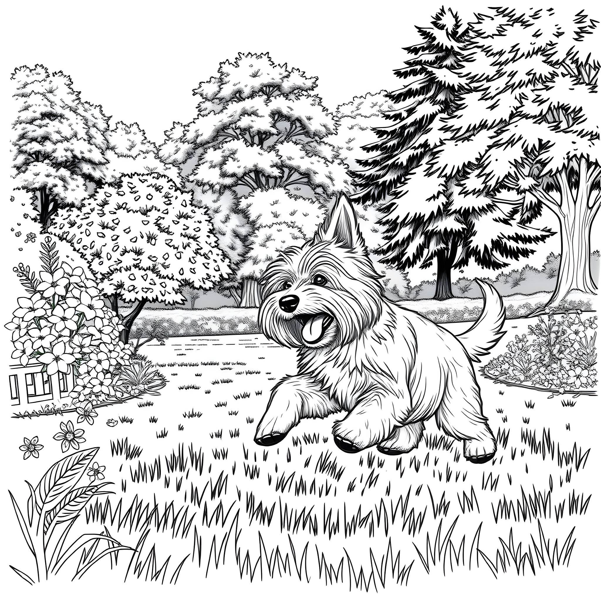 Silky Terrier enjoying the forest scenery Coloring Page (free black-and-white line drawing printable PDF for all, from beginners to advanced learners, including children, teens, adults, and seniors)