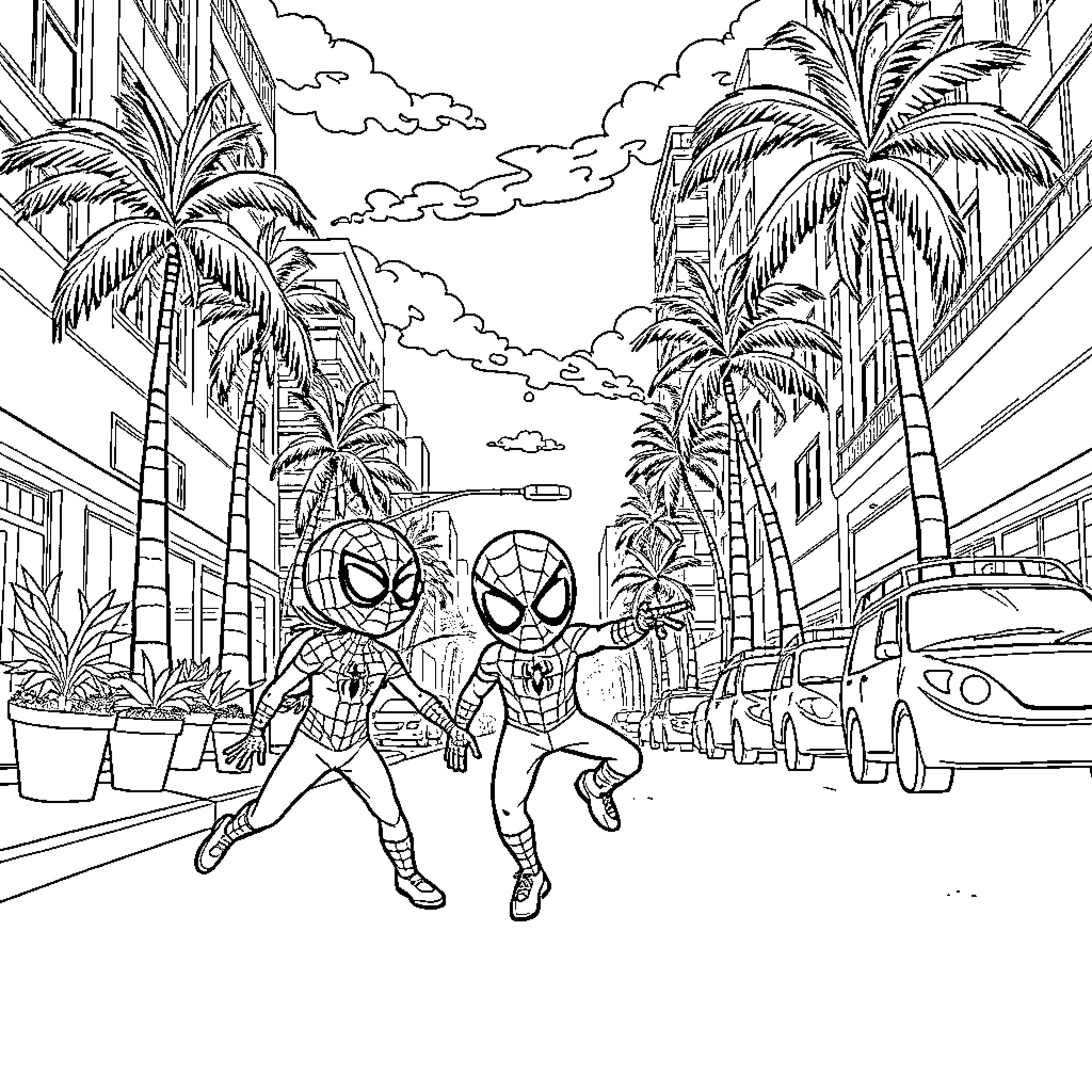 Spidey heroes swing through vibrant city streets Coloring Page (free black-and-white line drawing printable PDF for all, from beginners to advanced learners, including children, teens, adults, and seniors)