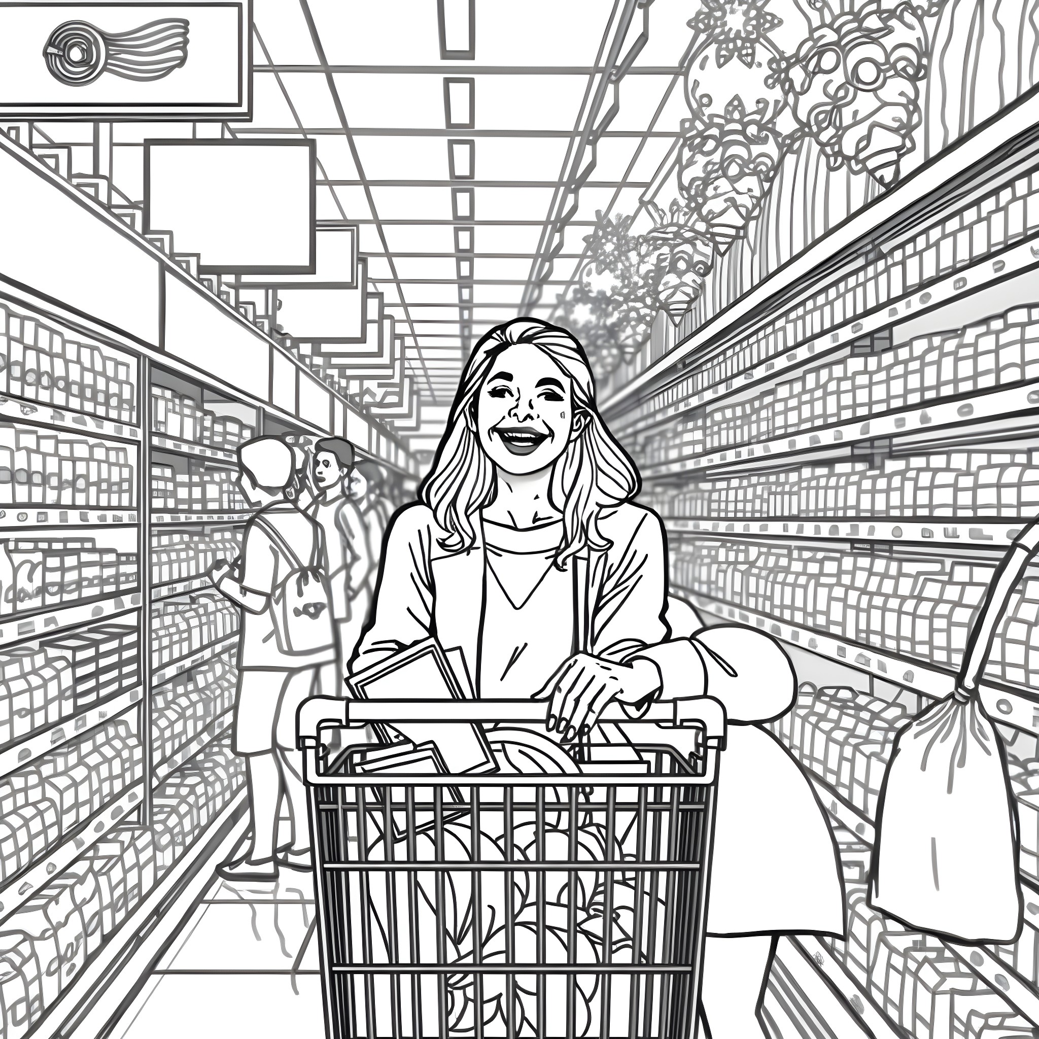 Woman smiling while shopping with grocery cart in store Coloring Page (free black-and-white line drawing printable PDF for all, from beginners to advanced learners, including children, teens, adults, and seniors)