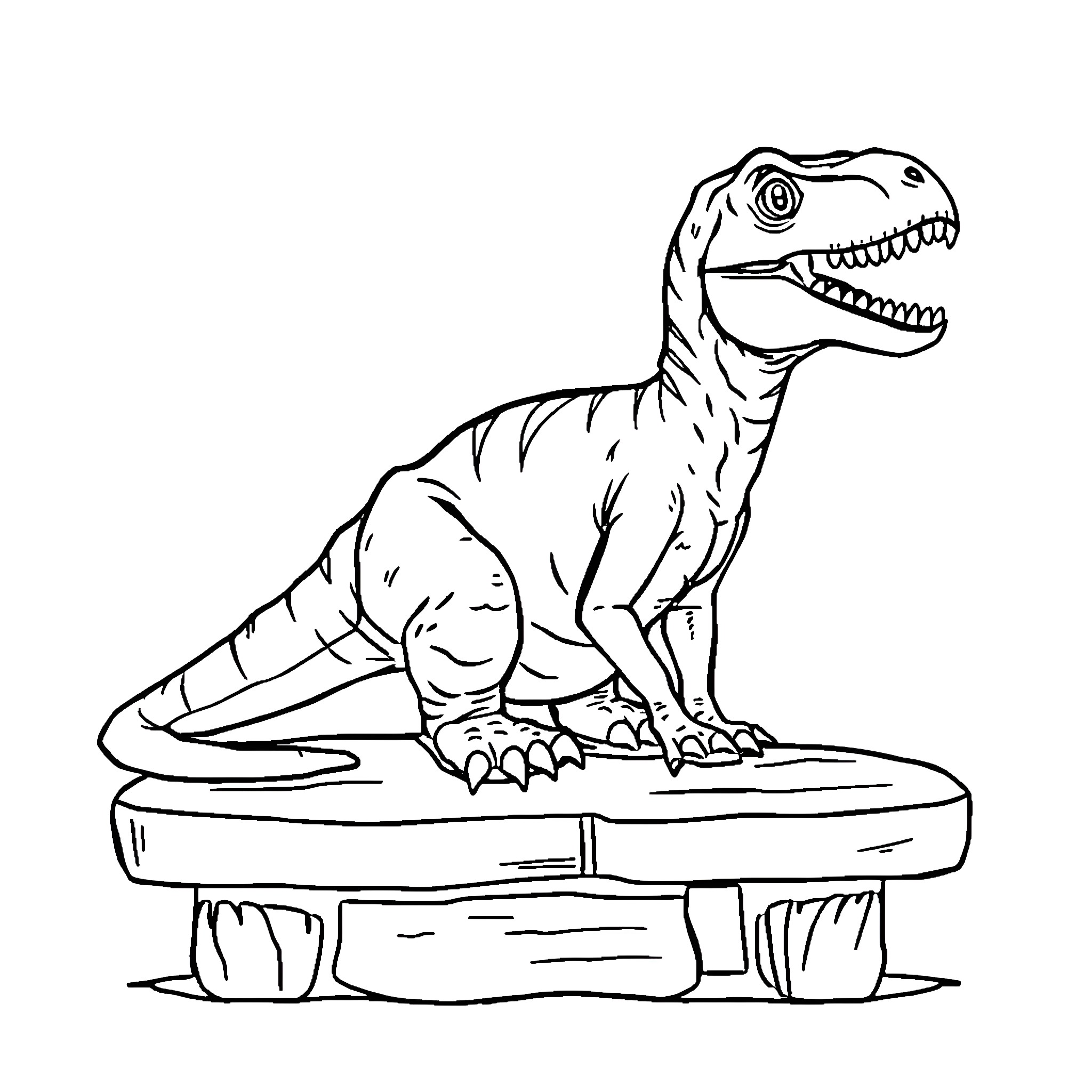 Velociraptor roaring on display stand Coloring Page (free black-and-white line drawing printable PDF for all, from beginners to advanced learners, including children, teens, adults, and seniors)