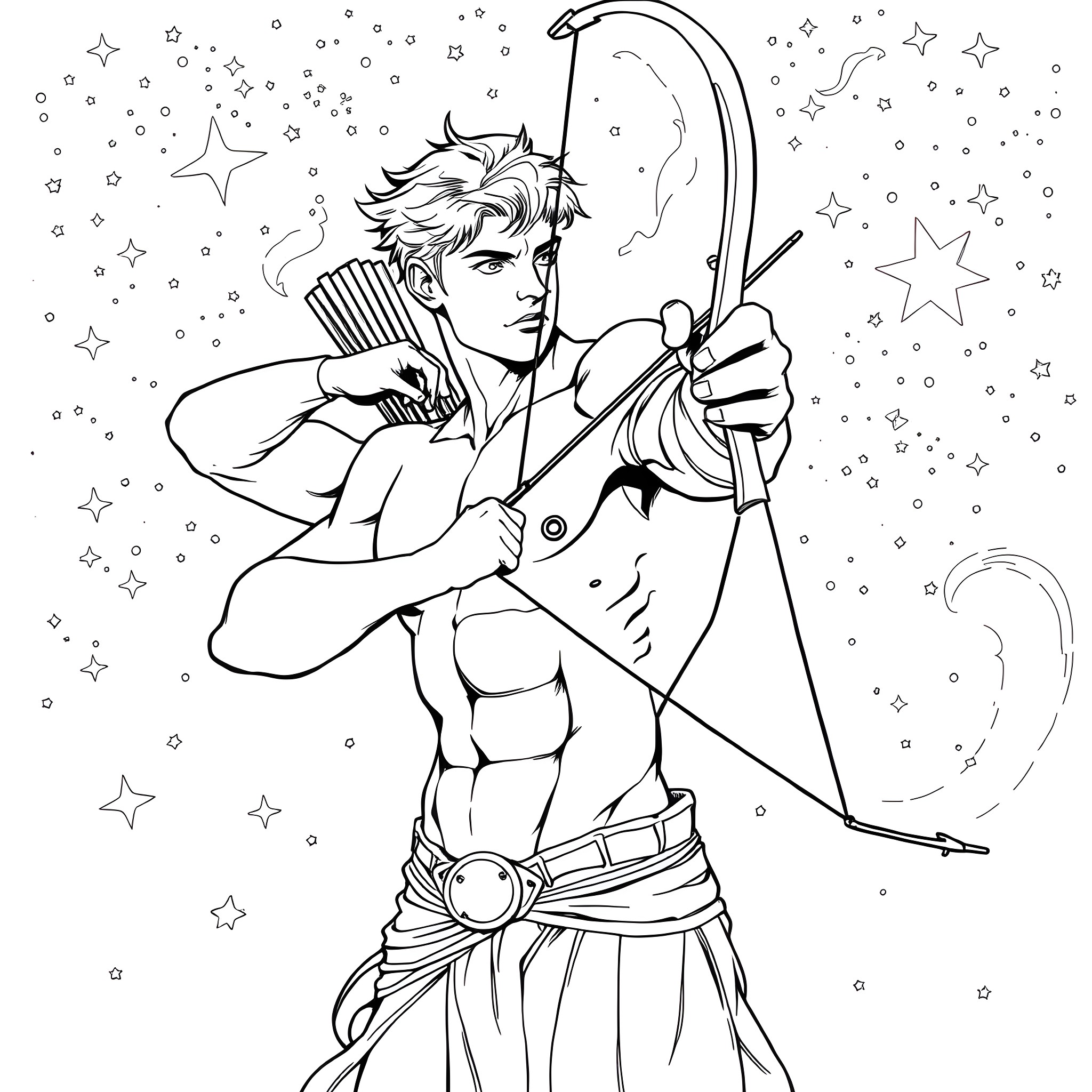 Archer aiming his bow amidst the stars Coloring Page (free black-and-white line drawing printable PDF for all, from beginners to advanced learners, including children, teens, adults, and seniors)
