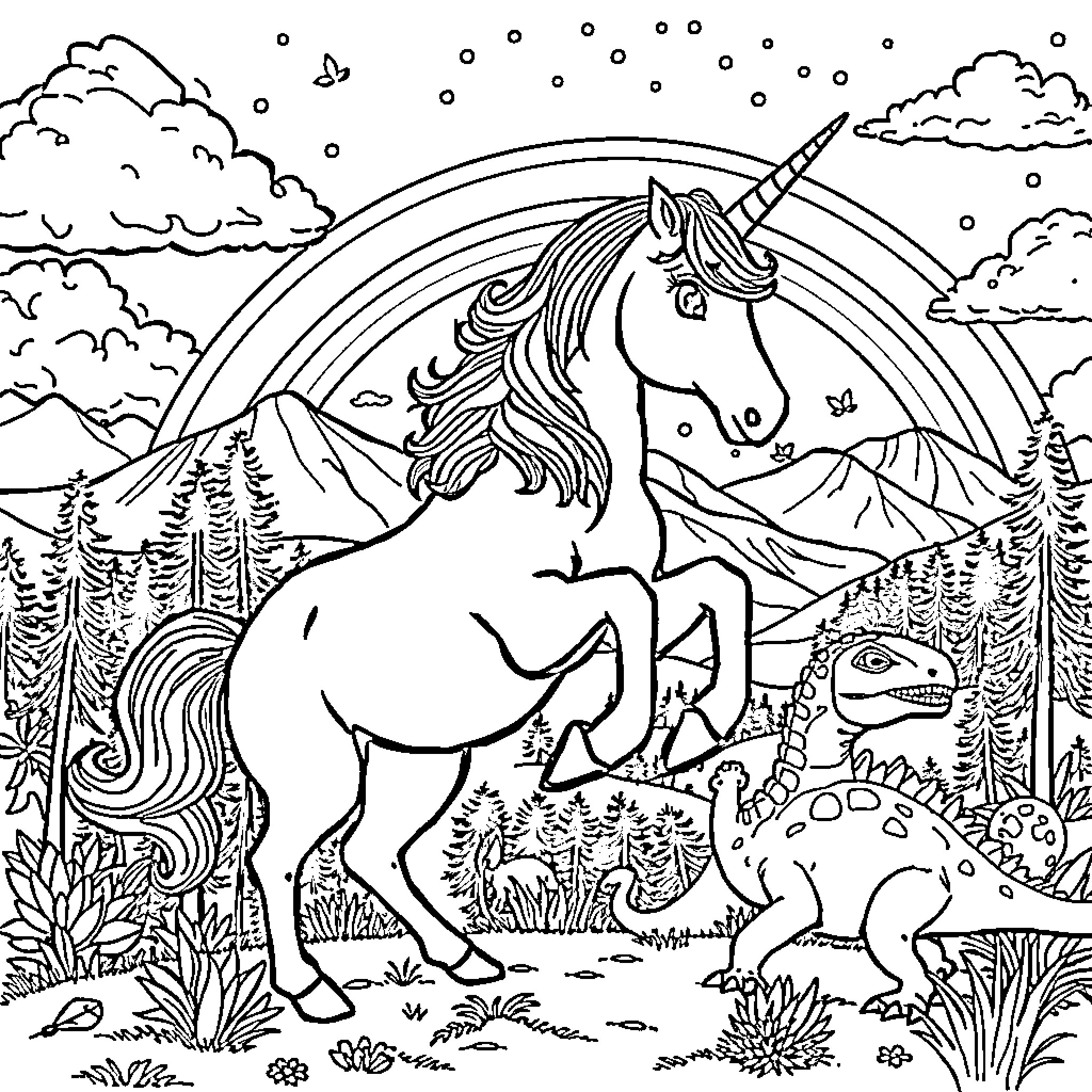 Unicorn galloping through enchanted forest landscape Coloring Page (free black-and-white line drawing printable PDF for all, from beginners to advanced learners, including children, teens, adults, and seniors)