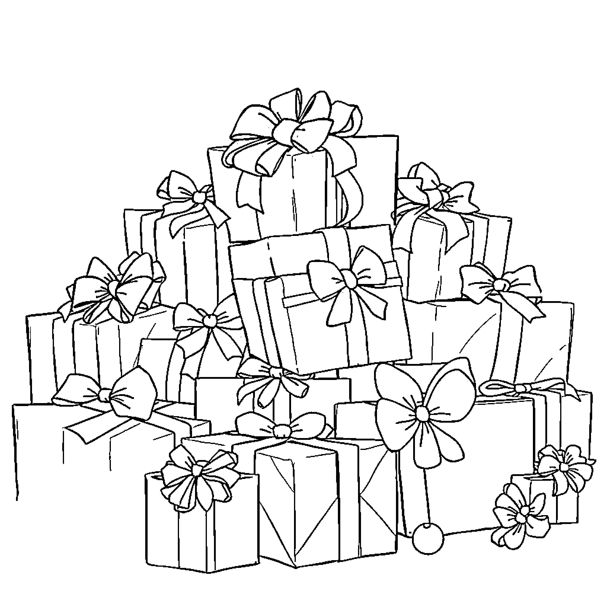 Present Pile of Wrapped Gifts with Bows Coloring Page (free black-and-white line drawing printable PDF for all, from beginners to advanced learners, including children, teens, adults, and seniors)