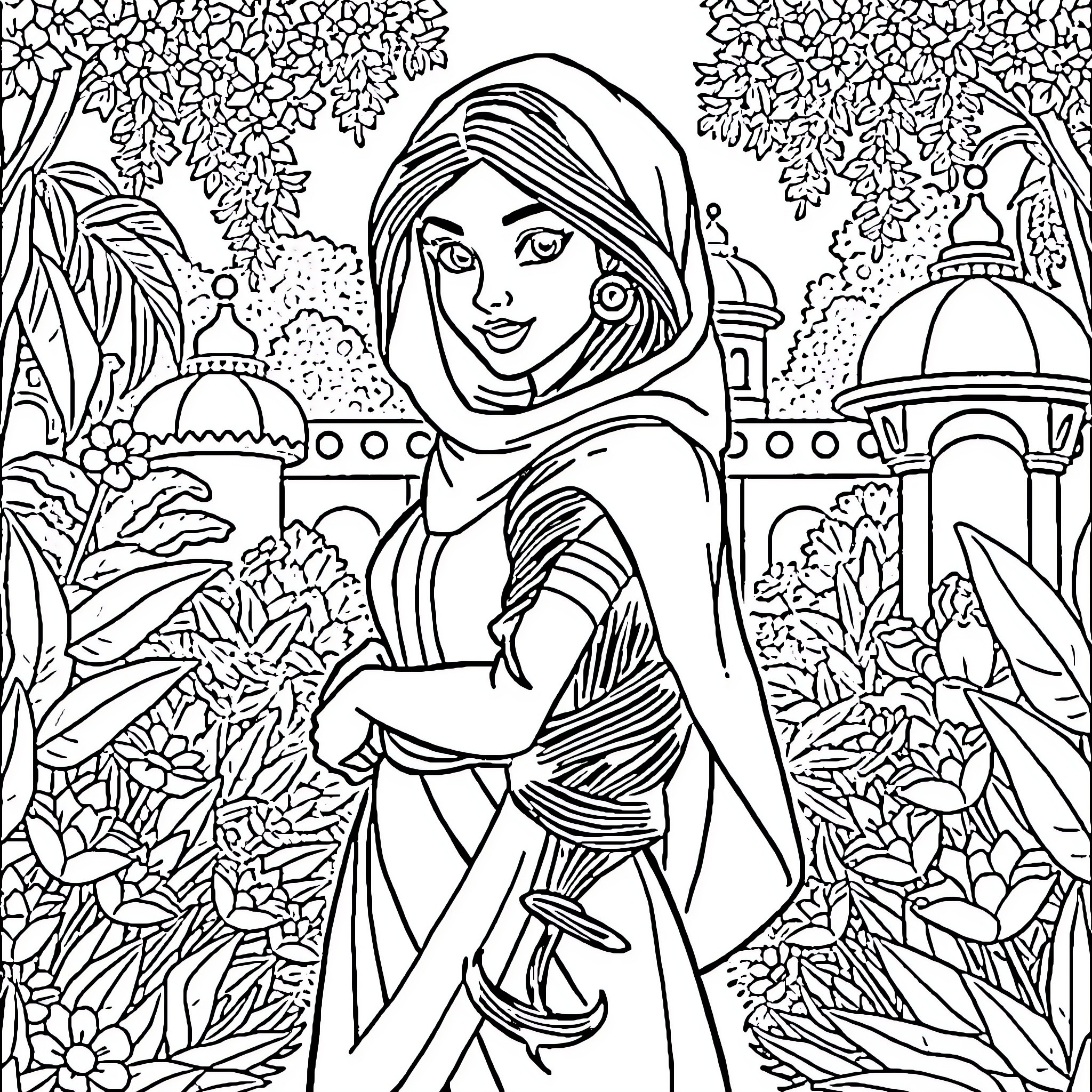 Princess Jasmine enjoying the lush garden scenery Coloring Page (free black-and-white line drawing printable PDF for all, from beginners to advanced learners, including children, teens, adults, and seniors)