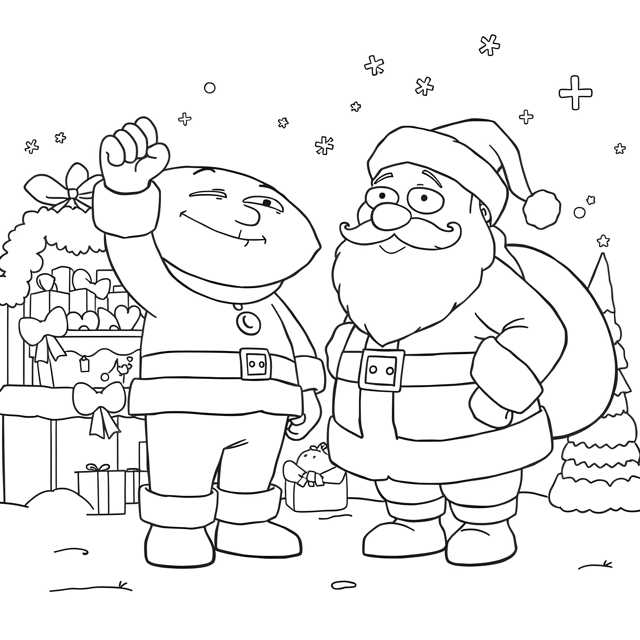 Stewie Griffin and Santa Claus Celebrate Christmas Together Coloring Page (free black-and-white line drawing printable PDF for all, from beginners to advanced learners, including children, teens, adults, and seniors)