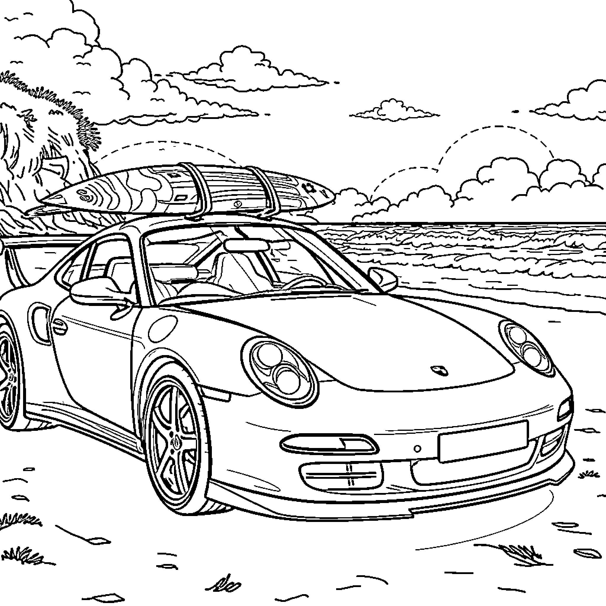 Porsche on the beach with surfboards Coloring Page (free black-and-white line drawing printable PDF for all, from beginners to advanced learners, including children, teens, adults, and seniors)