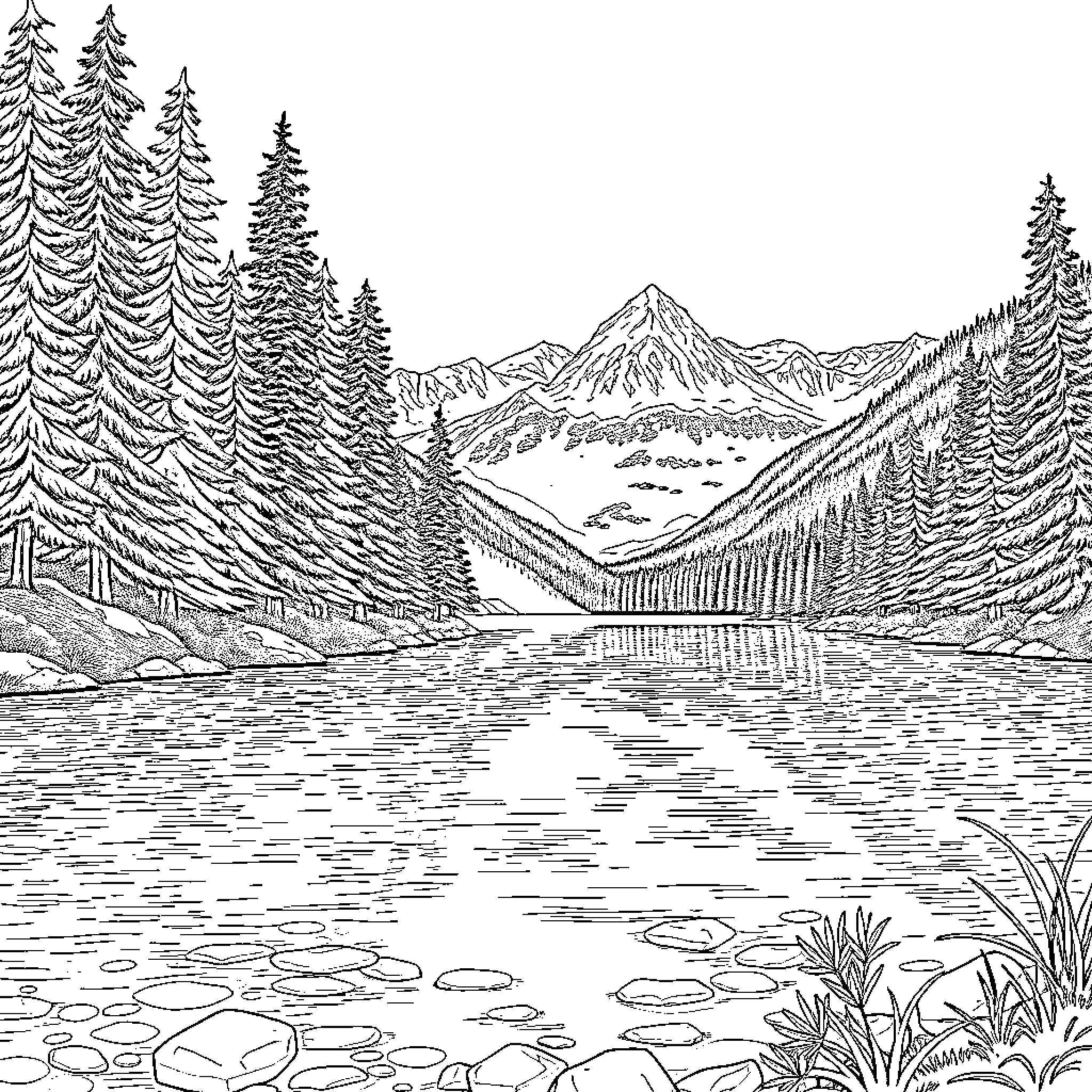 Lake with Scenic Mountain Landscape Coloring Page (free black-and-white line drawing printable PDF for all, from beginners to advanced learners, including children, teens, adults, and seniors)