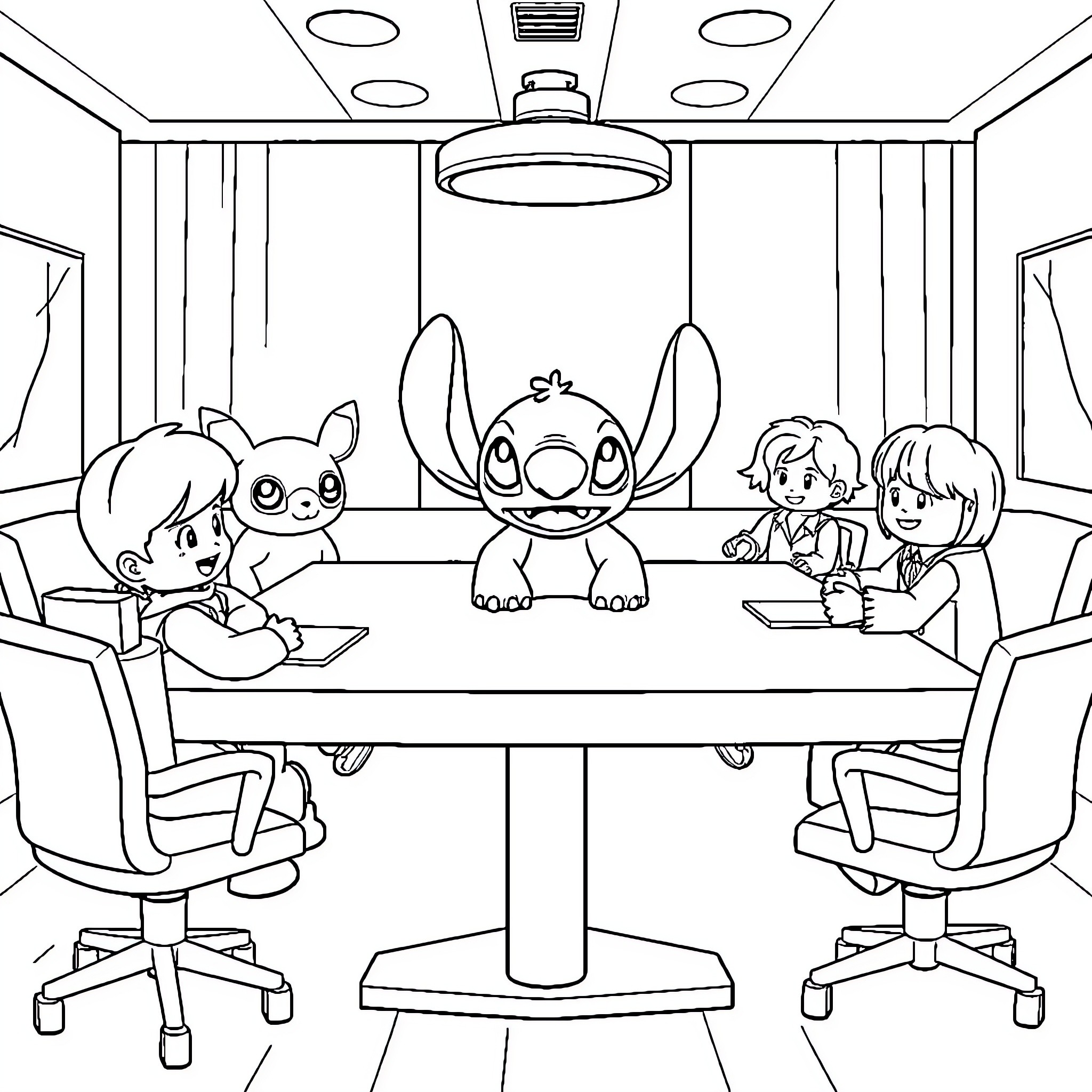 Character friends gathered for a meeting Coloring Page (free black-and-white line drawing printable PDF for all, from beginners to advanced learners, including children, teens, adults, and seniors)