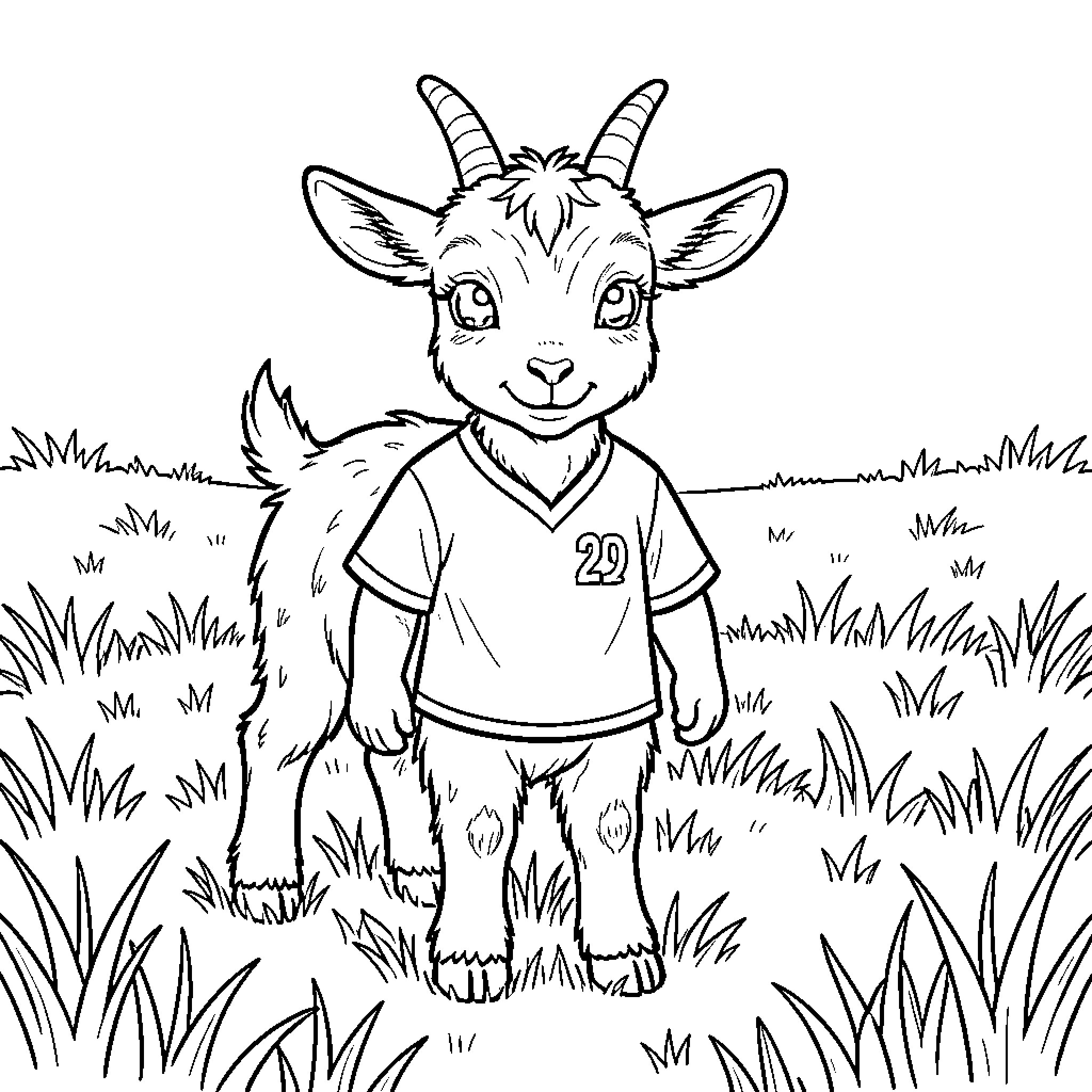Goat wearing a jersey standing in the grass Coloring Page (free black-and-white line drawing printable PDF for all, from beginners to advanced learners, including children, teens, adults, and seniors)