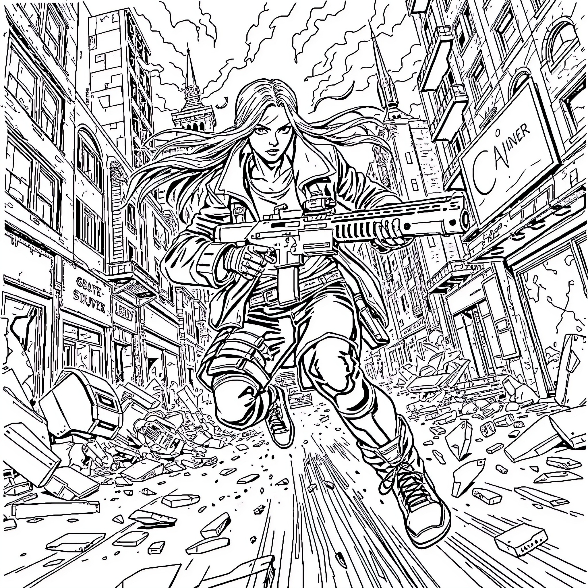 Cyberpunk warrior woman in action Coloring Page (free black-and-white line drawing printable PDF for all, from beginners to advanced learners, including children, teens, adults, and seniors)