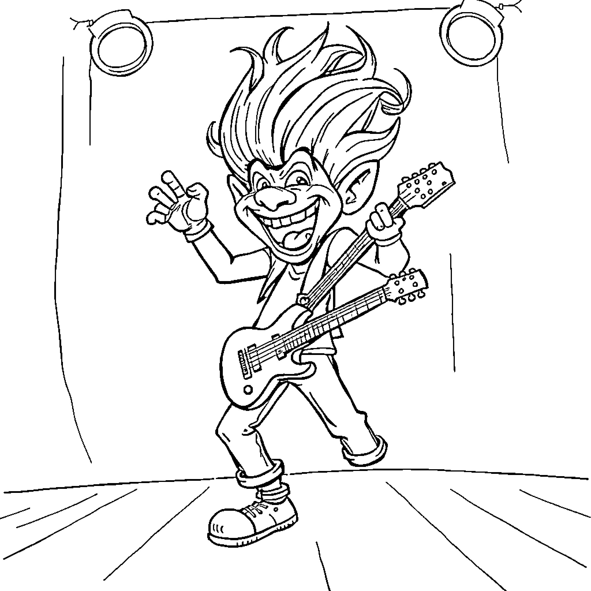 Troll rocking out with electric guitar on stage Coloring Page (free black-and-white line drawing printable PDF for all, from beginners to advanced learners, including children, teens, adults, and seniors)