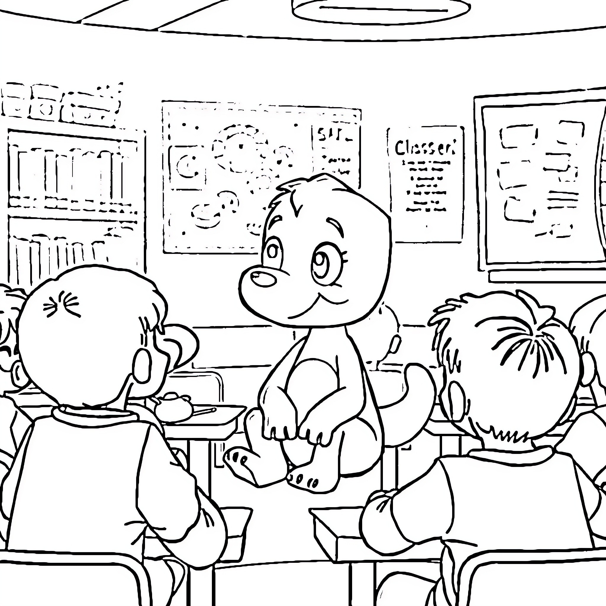 Bluey and friends in the classroom Coloring Page (free black-and-white line drawing printable PDF for all, from beginners to advanced learners, including children, teens, adults, and seniors)
