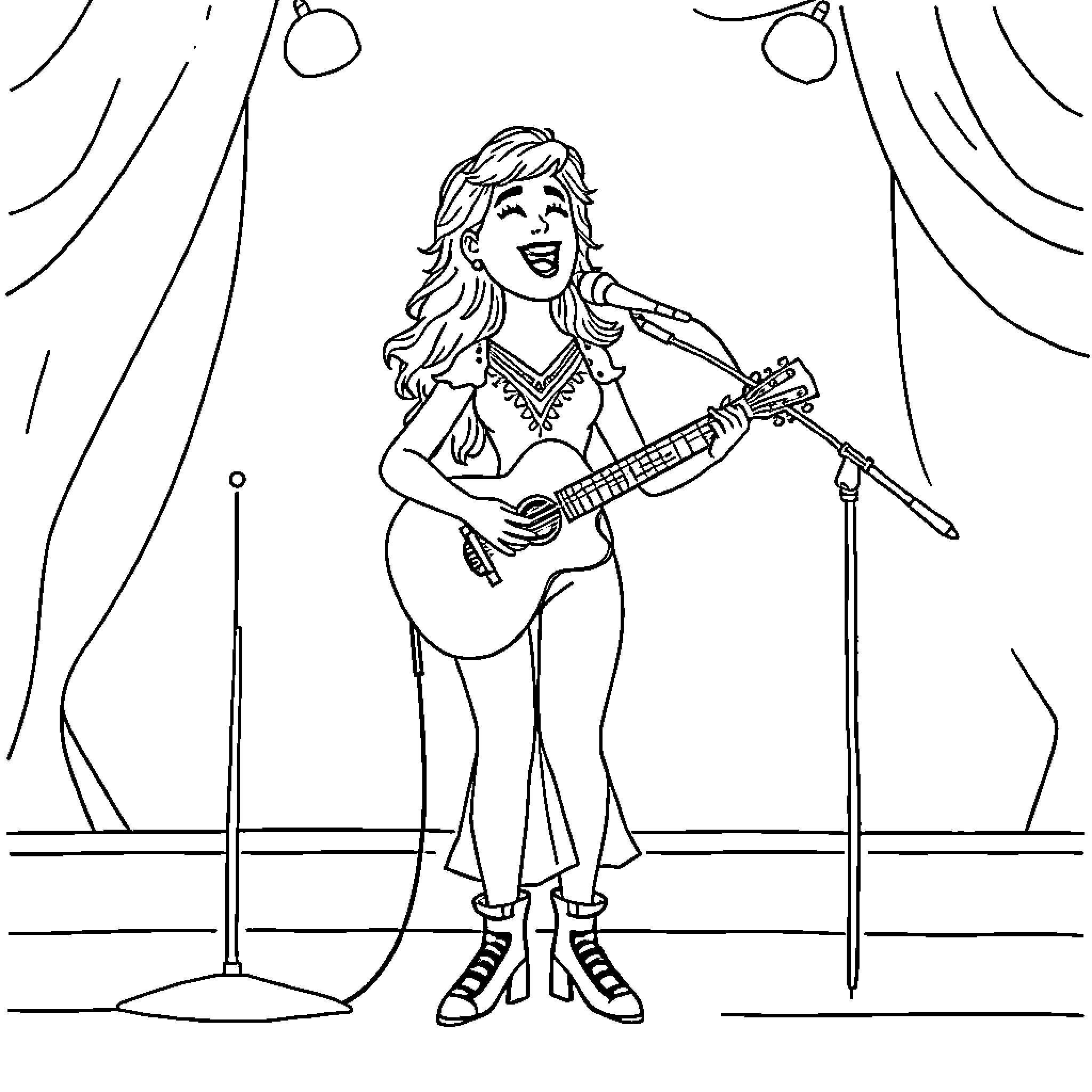 Parrita performing on stage with guitar Coloring Page (free black-and-white line drawing printable PDF for all, from beginners to advanced learners, including children, teens, adults, and seniors)