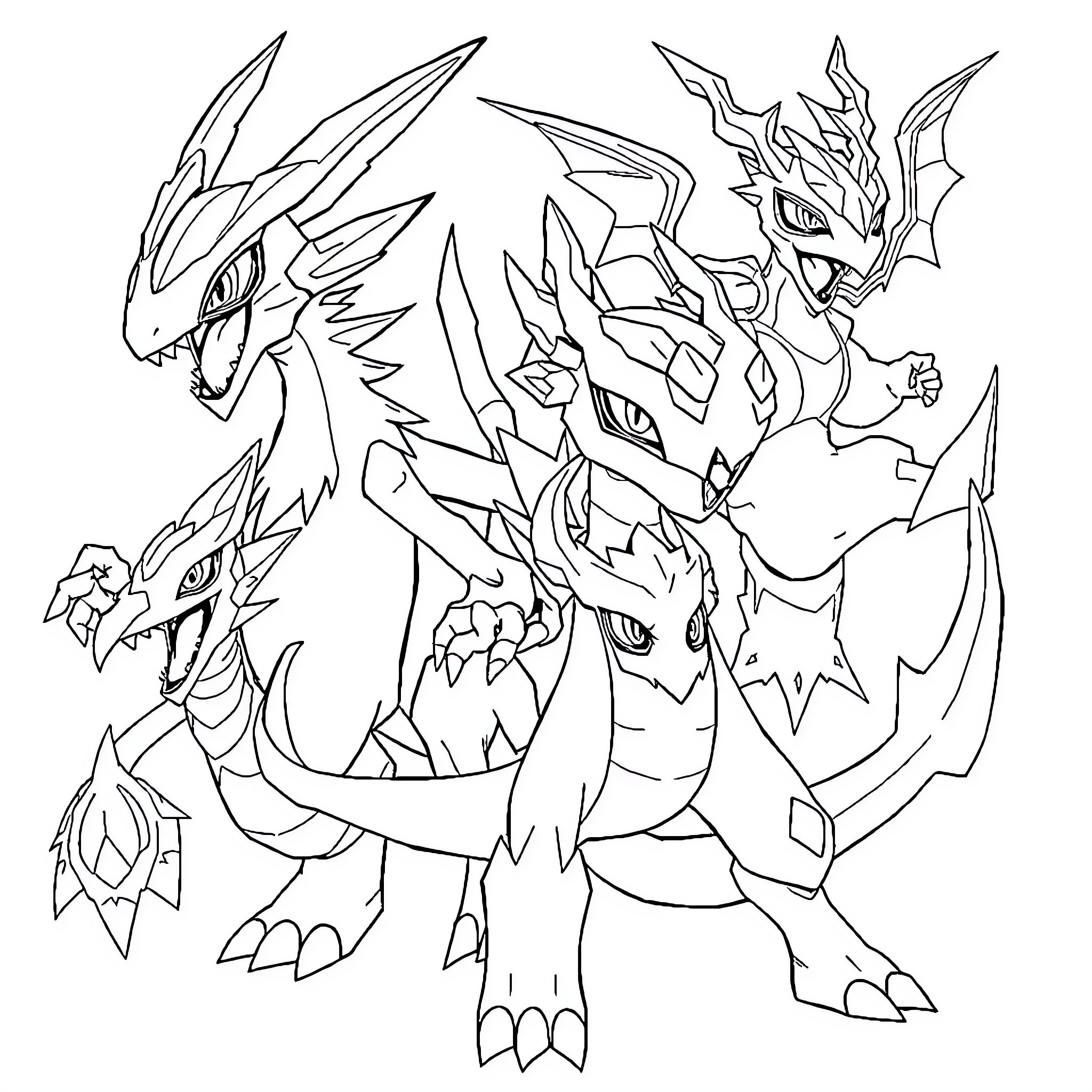 Digimon Mega Dragon Fiercely Attacking Coloring Page (free black-and-white line drawing printable PDF for all, from beginners to advanced learners, including children, teens, adults, and seniors)