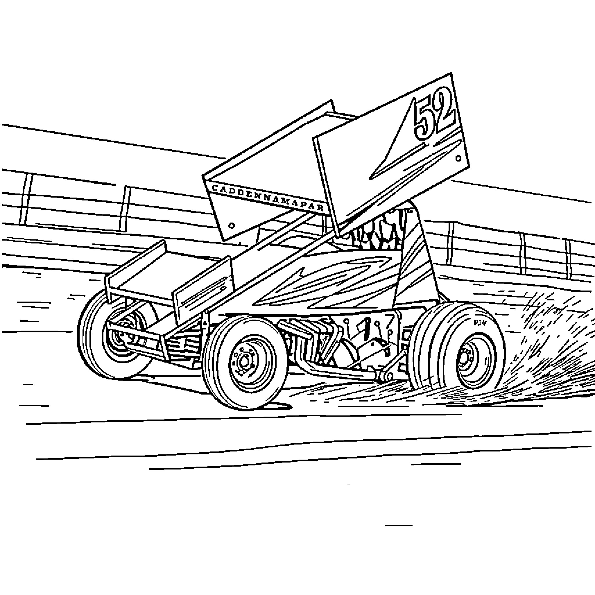 Sprint Car Speeding on the Track Coloring Page (free black-and-white line drawing printable PDF for all, from beginners to advanced learners, including children, teens, adults, and seniors)