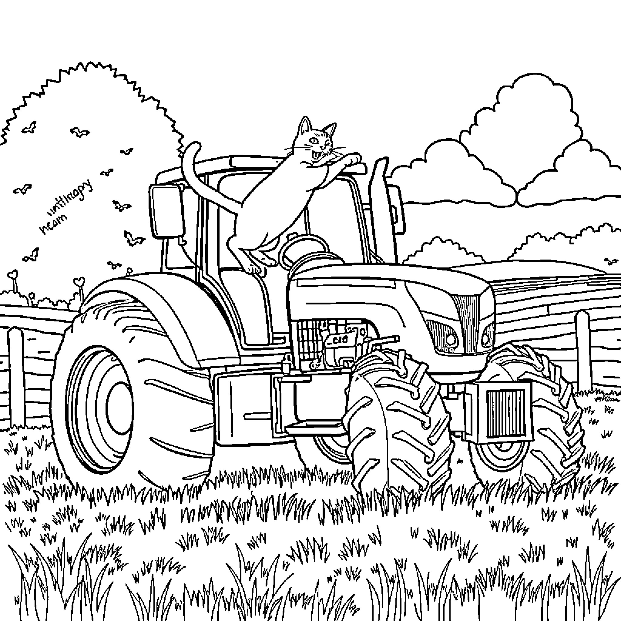 Cat riding a tractor on the farm Coloring Page (free black-and-white line drawing printable PDF for all, from beginners to advanced learners, including children, teens, adults, and seniors)