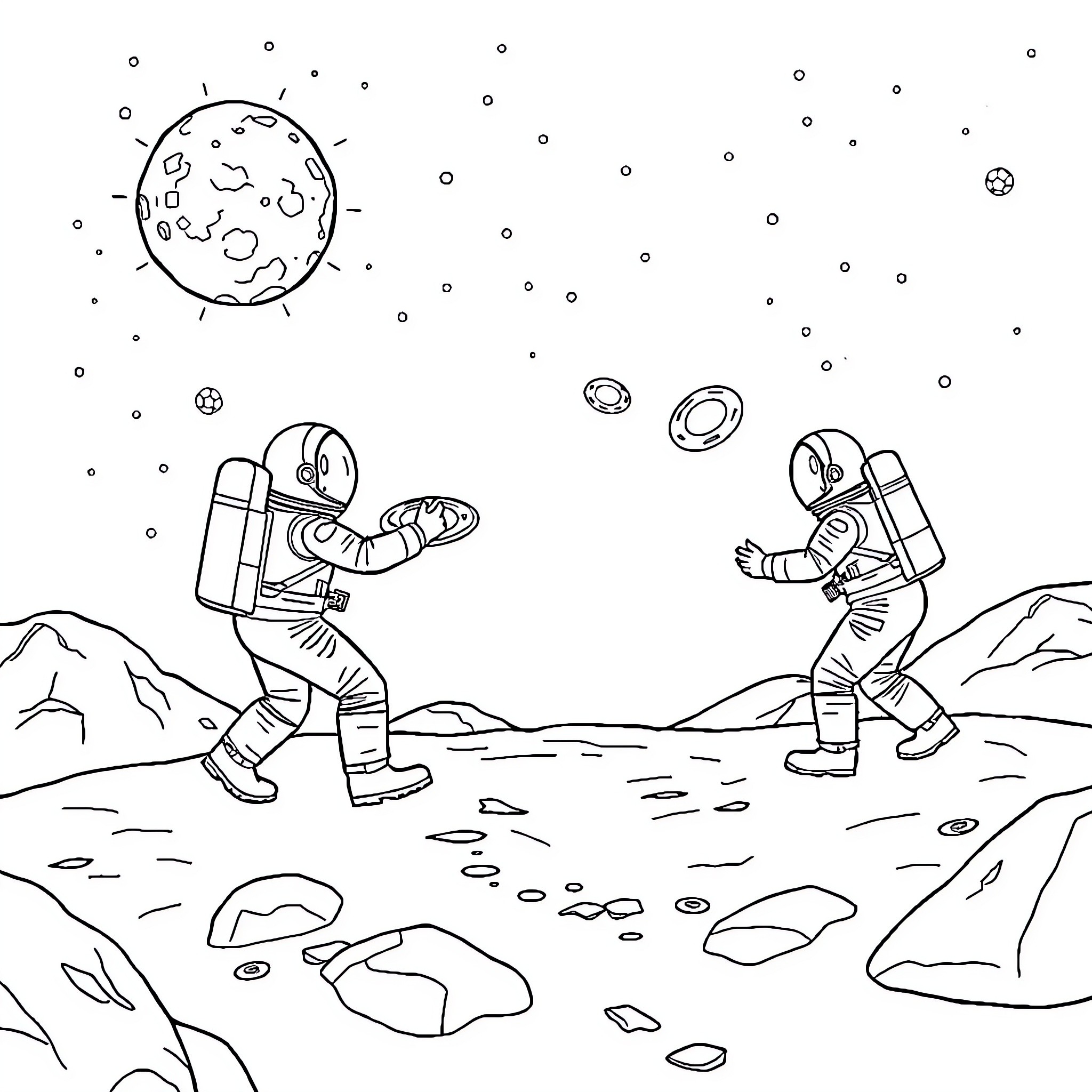 Disc Golf in Outer Space Coloring Page (free black-and-white line drawing printable PDF for all, from beginners to advanced learners, including children, teens, adults, and seniors)