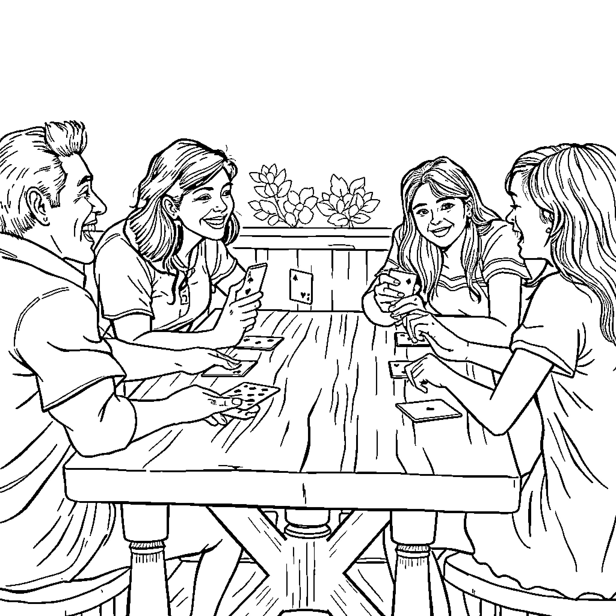 Family Enjoying a Cozy Gathering Together Coloring Page (free black-and-white line drawing printable PDF for all, from beginners to advanced learners, including children, teens, adults, and seniors)