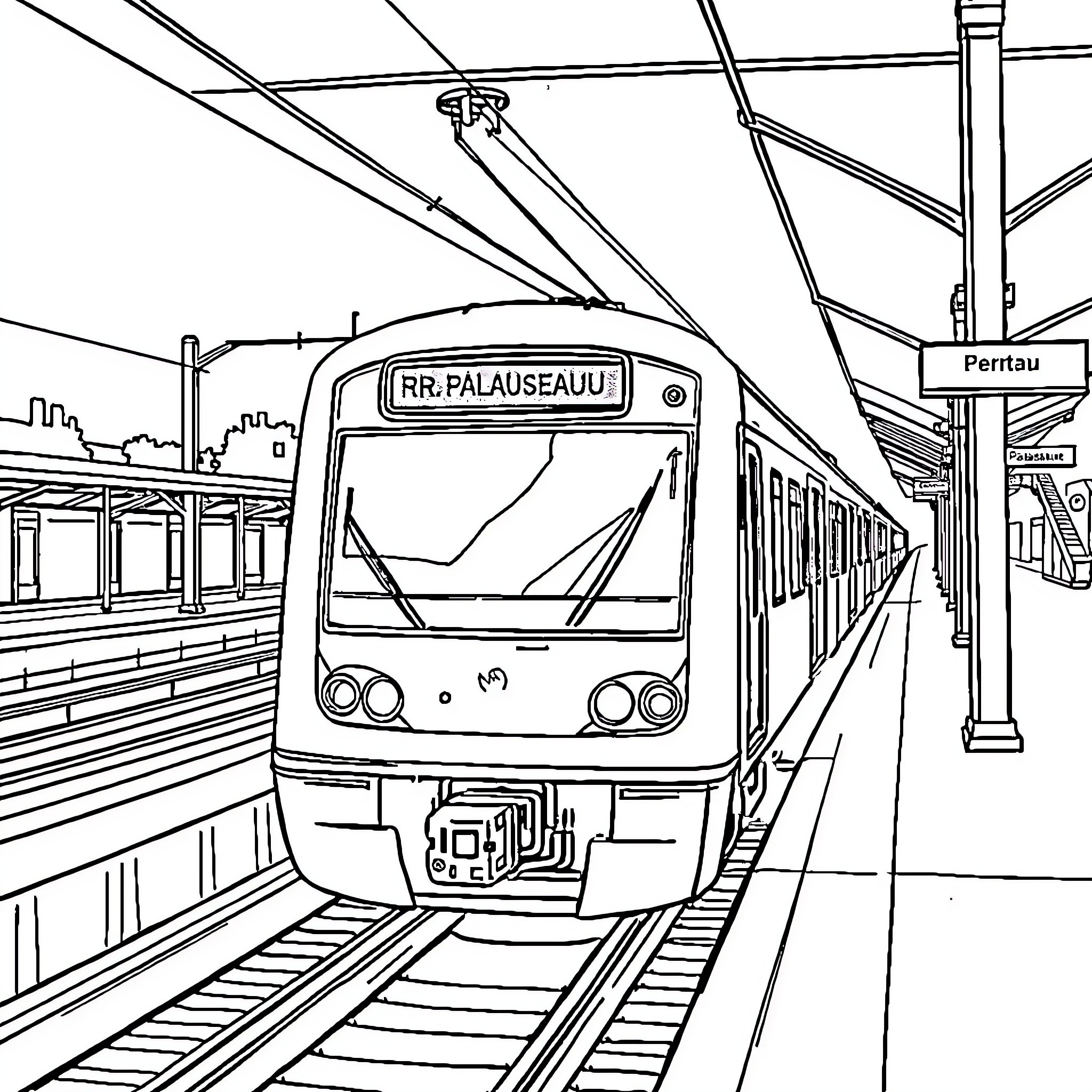 Rer Train arriving at the station platform Coloring Page (free black-and-white line drawing printable PDF for all, from beginners to advanced learners, including children, teens, adults, and seniors)