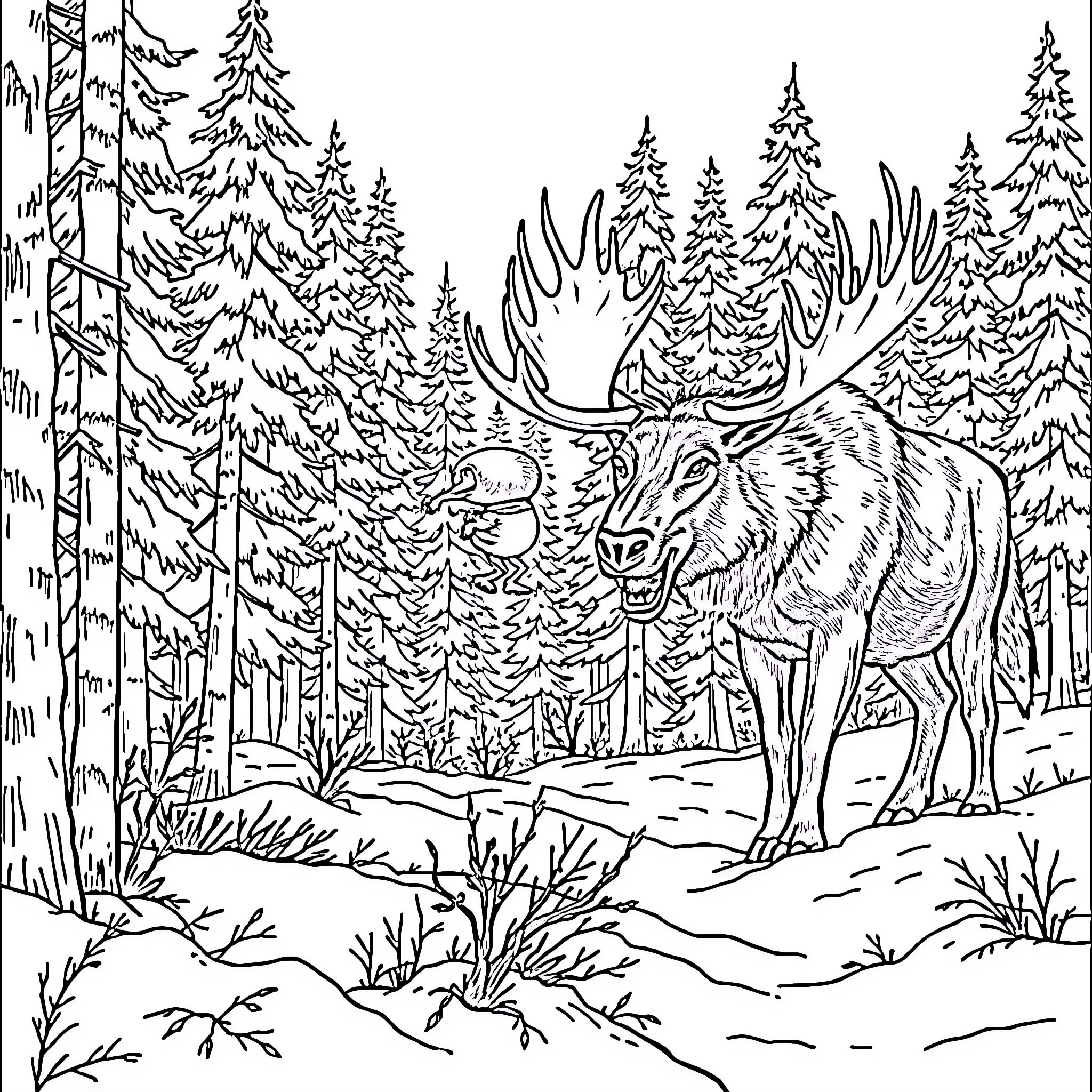 Wolf standing in a snowy forest Coloring Page (free black-and-white line drawing printable PDF for all, from beginners to advanced learners, including children, teens, adults, and seniors)