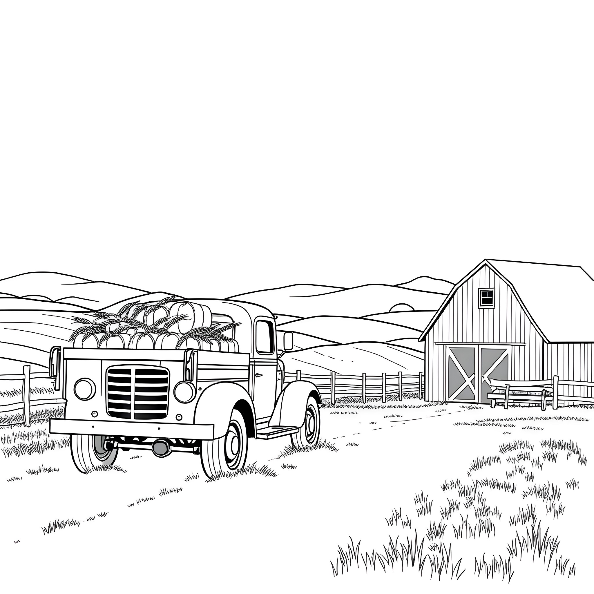 Pickup truck transporting hay bales on a rural farm Coloring Page (free black-and-white line drawing printable PDF for all, from beginners to advanced learners, including children, teens, adults, and seniors)